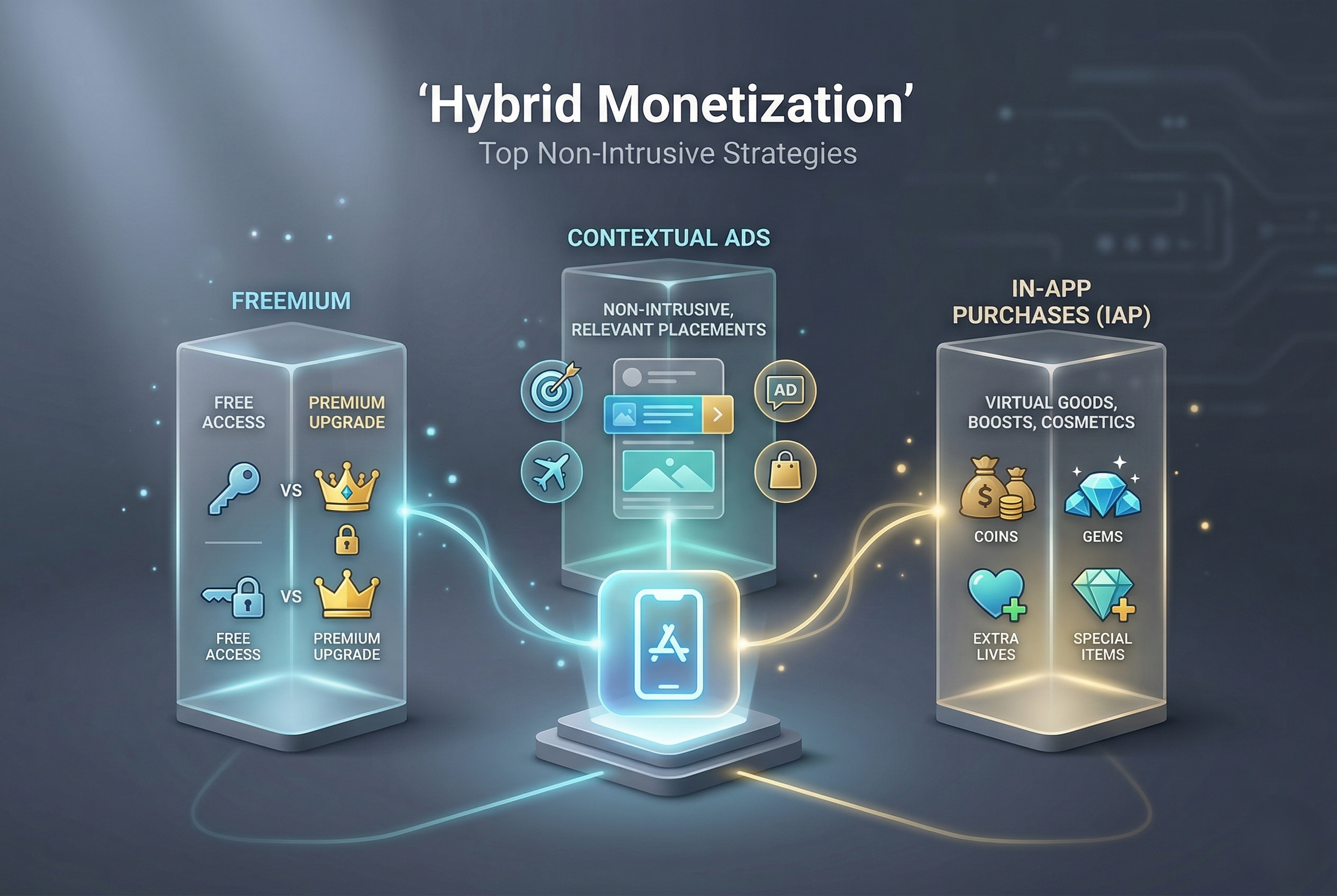 3D infographic showing the hybrid monetization pillars of Freemium models, In-App Purchases, and Contextual Ads.