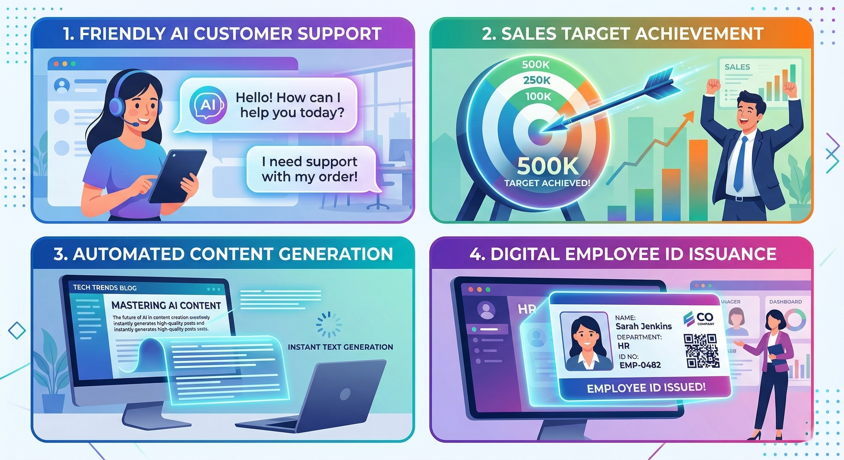 A modern, four-paneled flat vector illustration showcasing AI business applications with vibrant gradients. Panel 1 shows a customer support agent using an AI chat interface. Panel 2 depicts a professional celebrating a "500K" sales target being hit by a digital arrow. Panel 3 features a computer monitor where a blog article is being instantly generated with text. Panel 4 displays a digital employee ID card being issued within an HR dashboard.