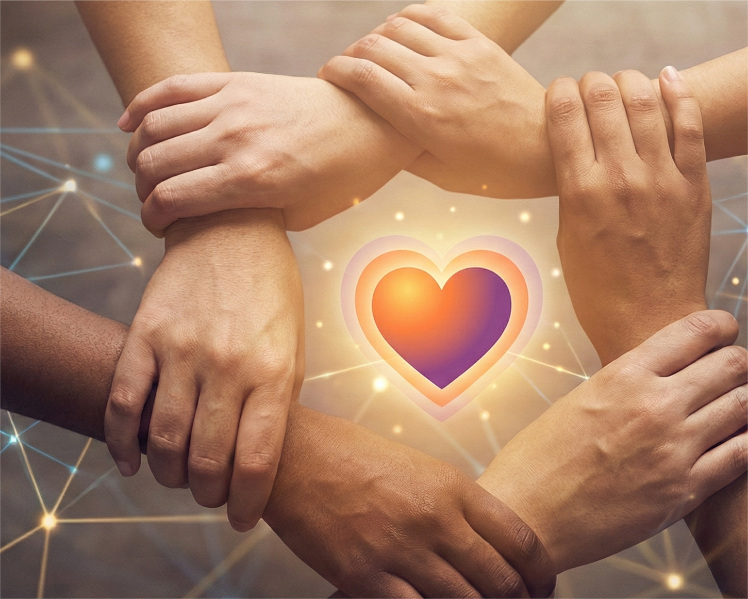 Four hands of diverse skin tones clasping each other's wrists to form a unified circle around a glowing, stylized orange and purple heart icon. The background is a dark, abstract network of interconnected glowing blue and gold nodes and lines, symbolizing digital connection and community.