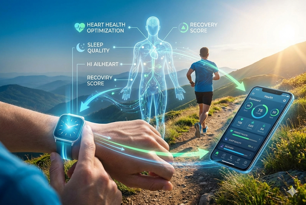 A floating smartphone displaying a minimalist interface, with tablet and desktop screens in the background showing the responsive expanded versions.