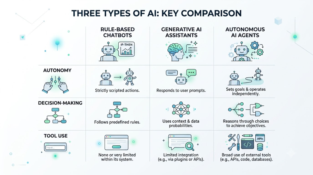 Comparison visual highlighting differences between traditional chatbots, generative AI, and AI agents.