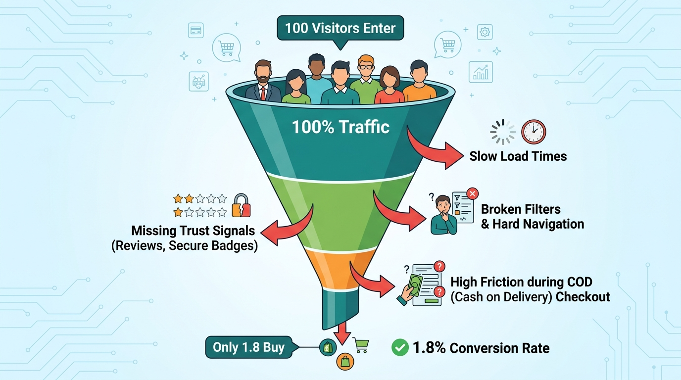 Indian Shopify D2C funnel 100 visitors enter but only 1.8 buy due to slow load times, broken filters, missing trust signals, and COD checkout friction.