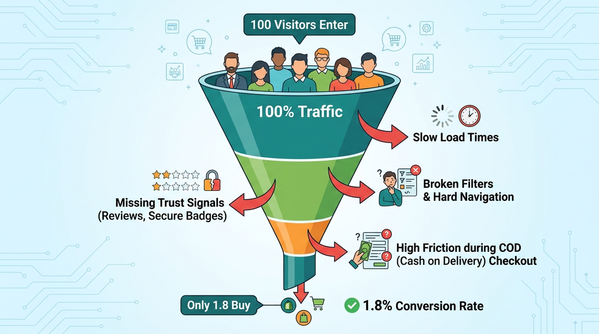 Indian Shopify D2C funnel 100 visitors enter but only 1.8 buy due to slow load times, broken filters, missing trust signals, and COD checkout friction.