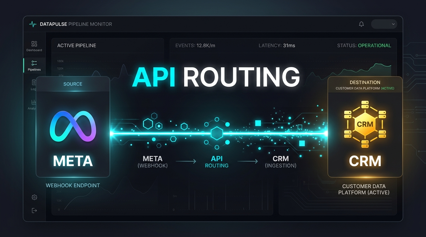 Dashboard graphic: laser linking Meta and CRM icons, text 'API ROUTING