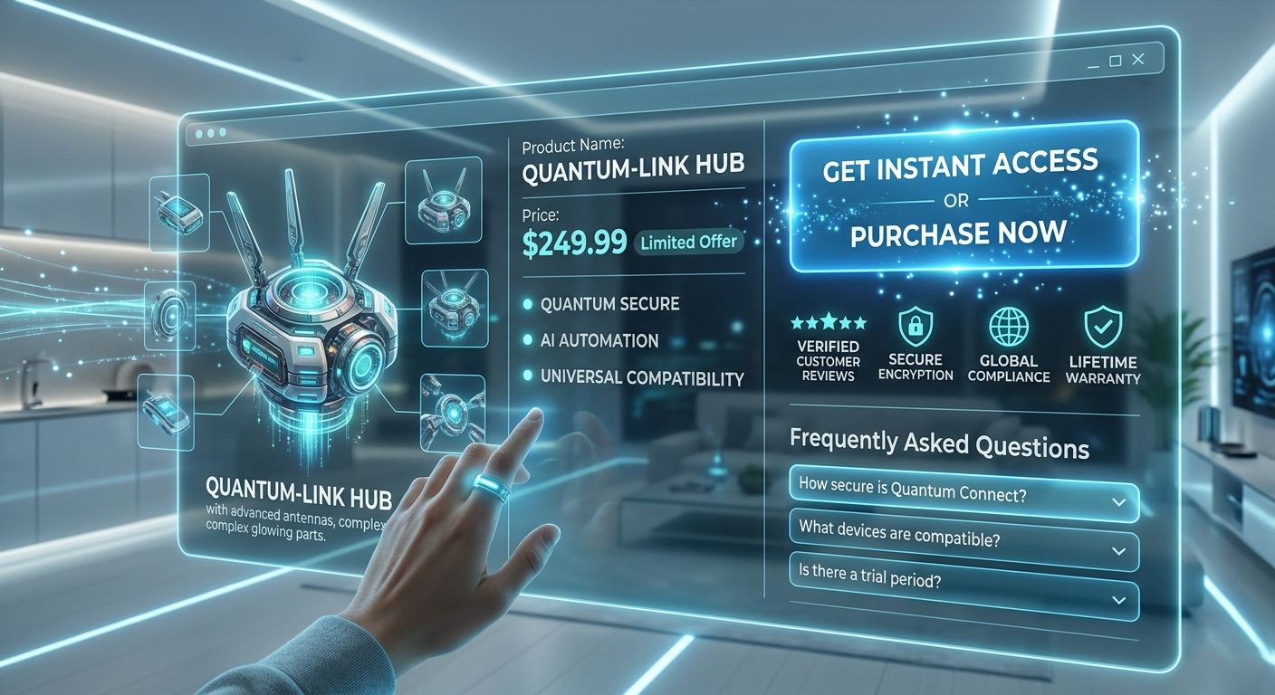 A person wearing a glowing smart ring interacts with a floating, transparent holographic interface for a product called 'Quantum-Link Hub'. The blue glowing display shows a product price of $249.99, features like AI automation and secure encryption, and a large 'Purchase Now' button, set in a modern minimalist home.