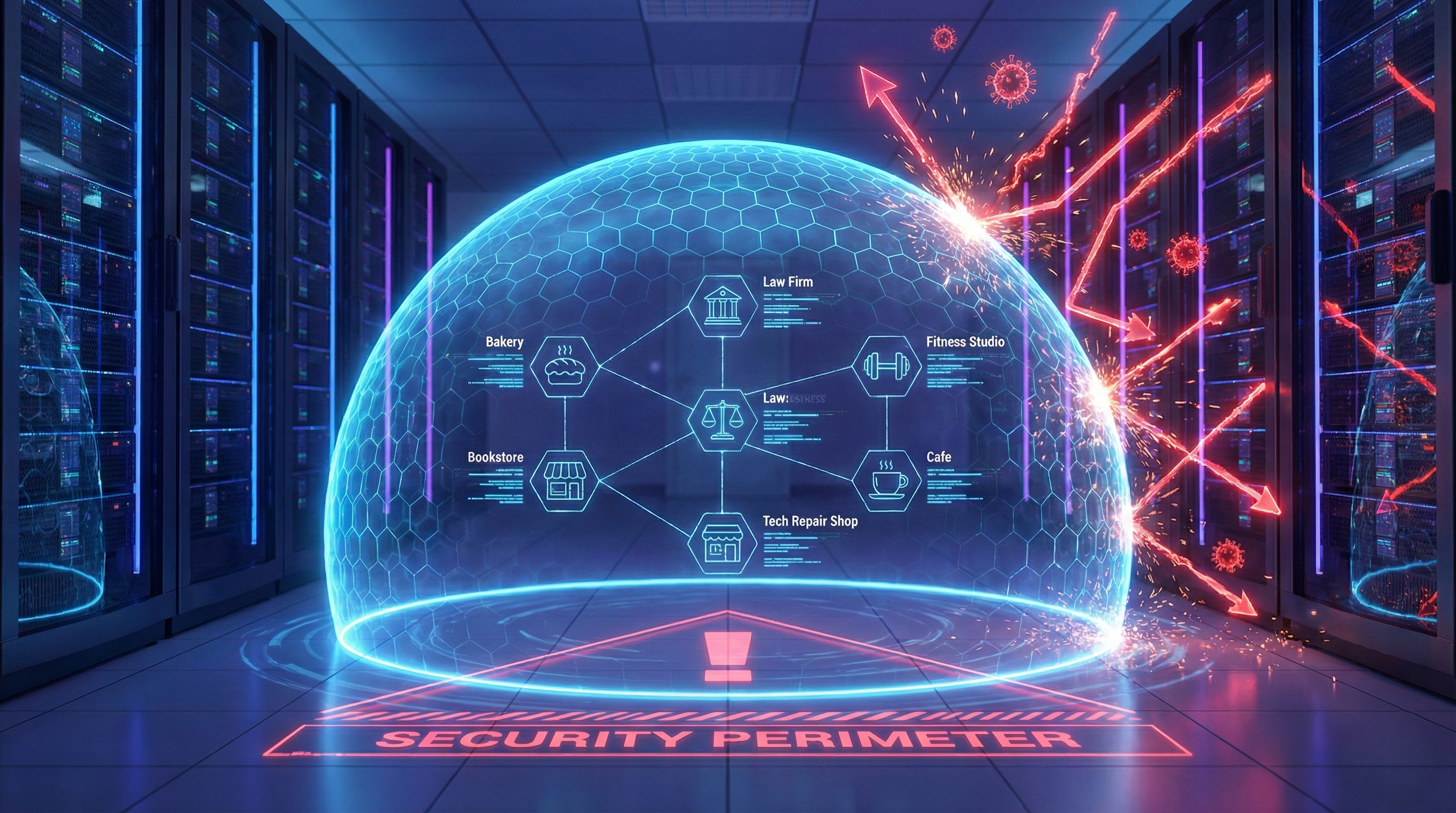 A digital visualization set in a server room shows a translucent blue hexagonal dome, representing a cybersecurity shield, protecting a network of interconnected small business icons including a Bakery, Law Firm, Fitness Studio, Bookstore, Tech Repair Shop, and Cafe. Outside the dome, glowing red arrows and virus symbols are deflecting off the shield, causing sparks. The words "SECURITY PERIMETER" are projected in red on the floor.