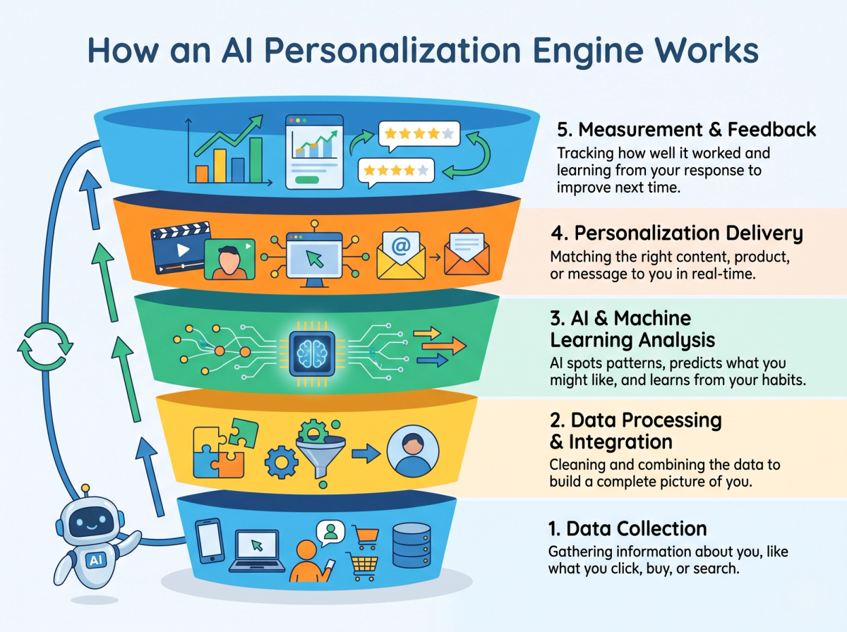 Five-layer diagram of an AI personalization engine from data collection to measurement