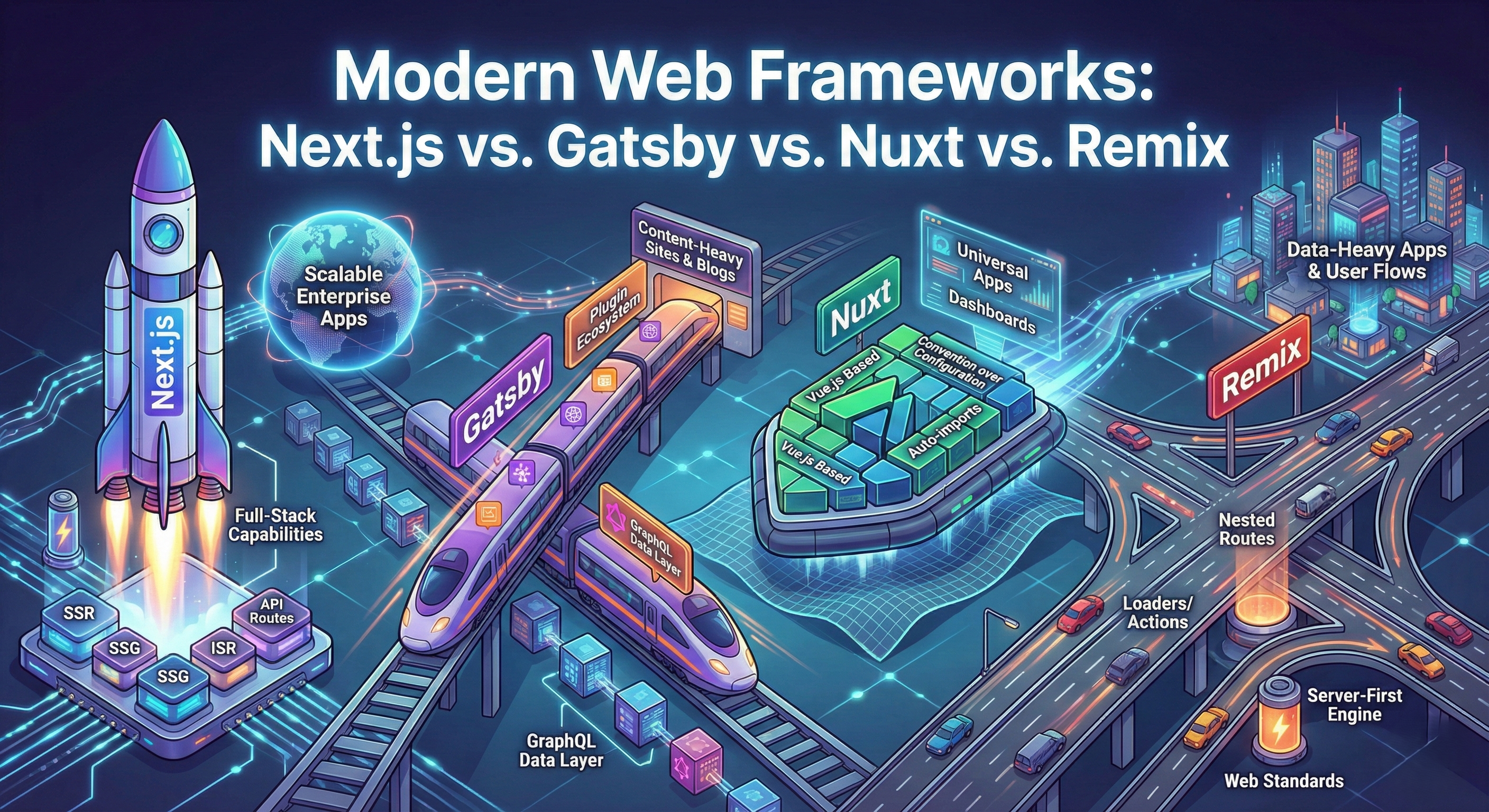 Infographic comparing Next.js features against Gatsby, Nuxt, and Remix