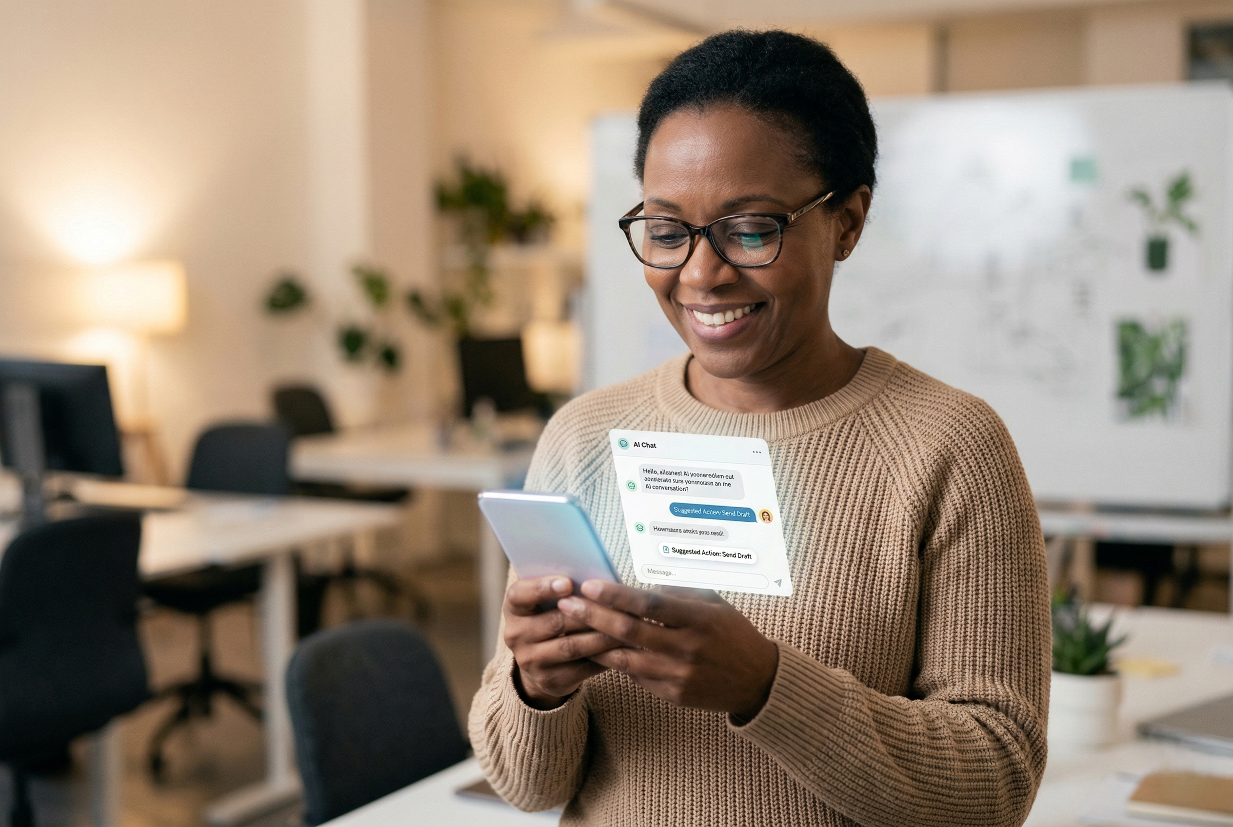 A developer reviewing a clean Android AI app interface with non-intrusive UX elements in a professional office setting.