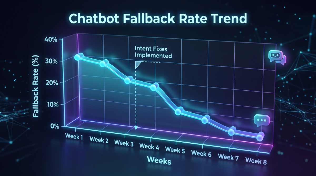 Line chart showing chatbot fallback rate falling over several weeks after intent fixes