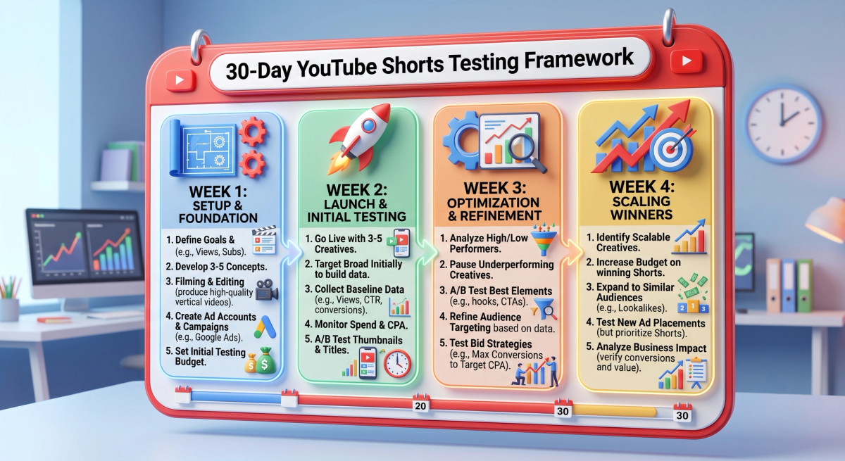 Four-week calendar graphic showing setup, launch, optimization, and scaling of Shorts campaigns