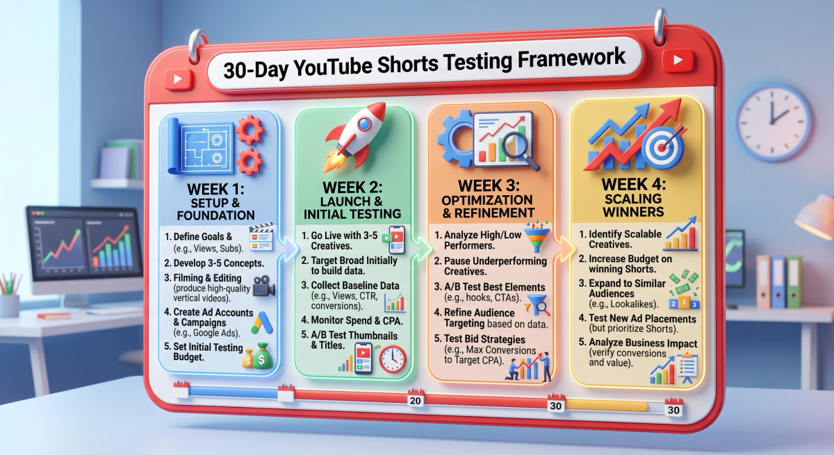 Four-week calendar graphic showing setup, launch, optimization, and scaling of Shorts campaigns