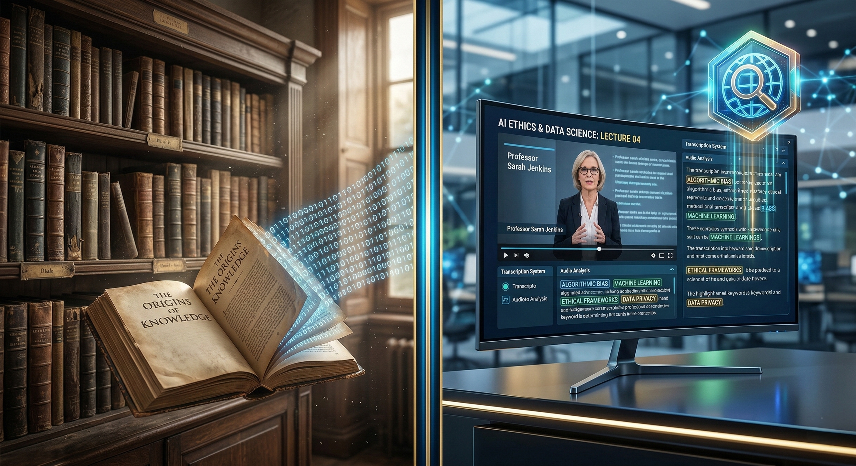 A high-resolution 4K split-screen illustration depicting the evolution of knowledge. On the left, a traditional dimly lit library with old wooden shelves; an open book titled "The Origins of Knowledge" has its pages dissolving into flowing streams of blue binary code. On the right, a futuristic curved monitor in a modern office displays a video lecture on AI ethics. Below the video, a transcription interface highlights keywords like "Machine Learning" and "Data Privacy," with digital text floating toward a glowing holographic search icon.