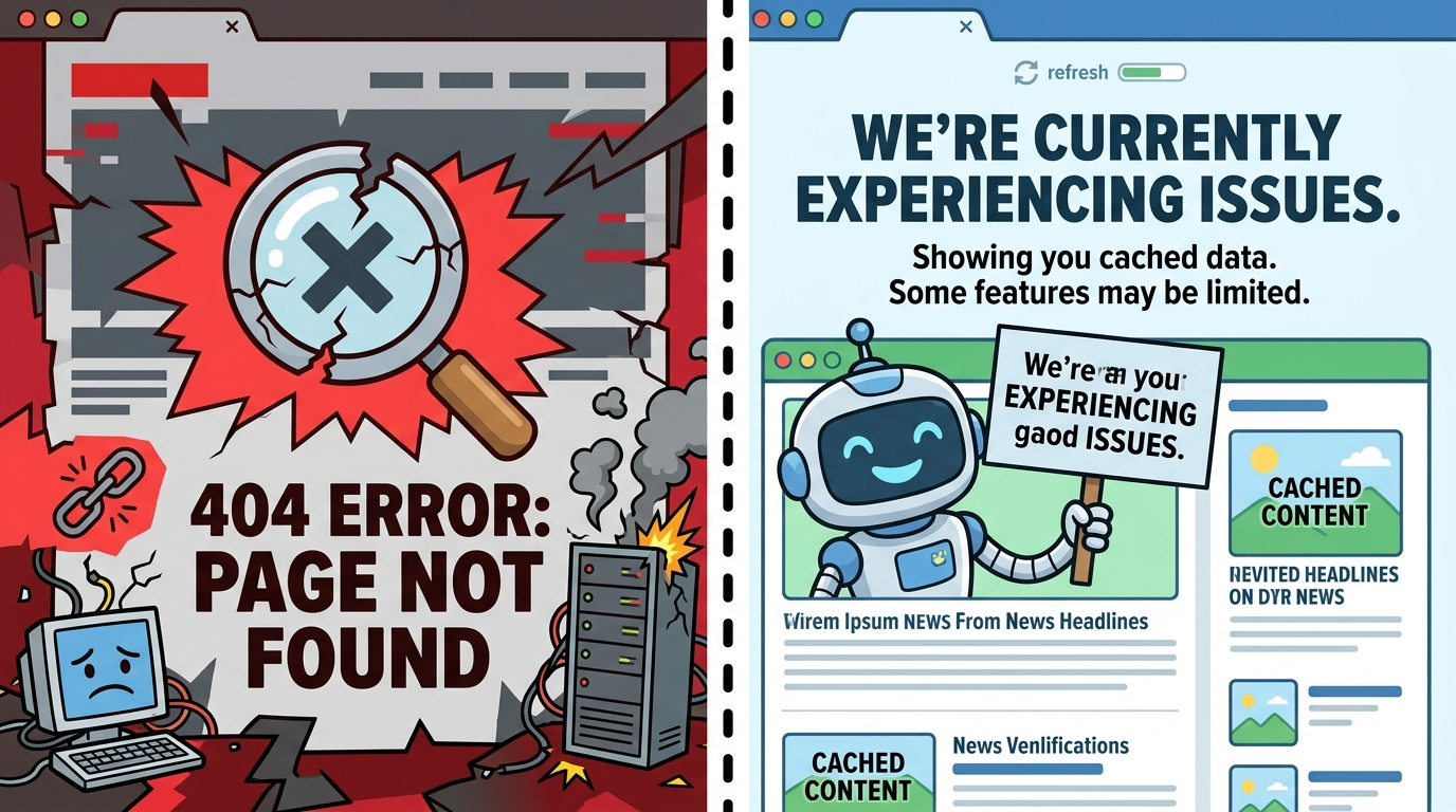 Comparison of a crashed website versus a graceful degradation interface.