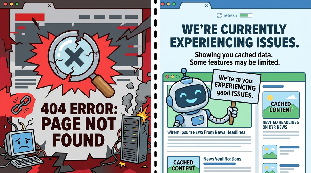 Comparison of a crashed website versus a graceful degradation interface.