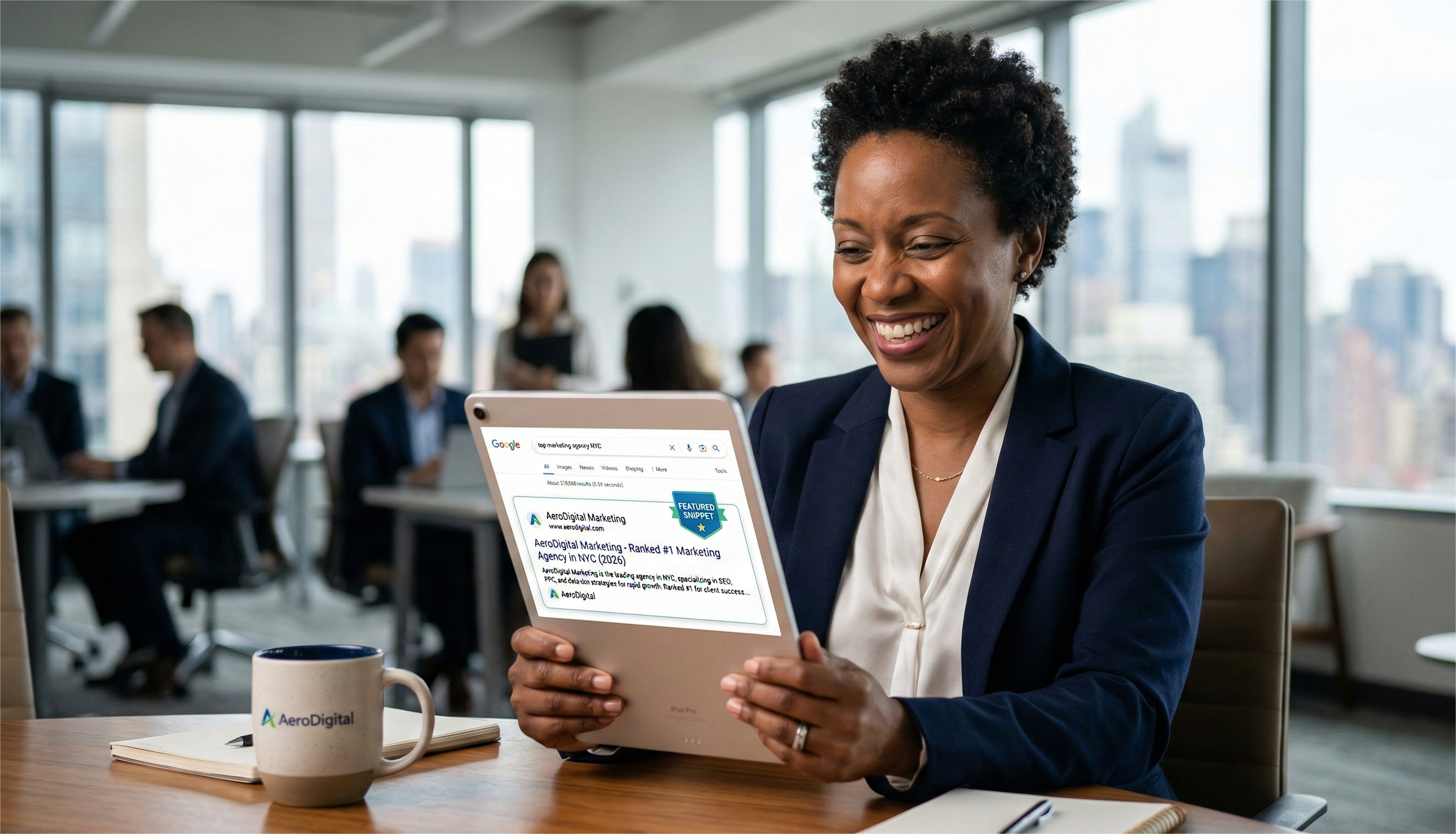 A smiling Black female business professional sitting in a modern office, looking at a tablet. The tablet screen displays a Google search result where her company, AeroDigital Marketing, holds the number one ranking with a "Featured Snippet" badge. In the background, colleagues work in a bright, open-plan office with city views.