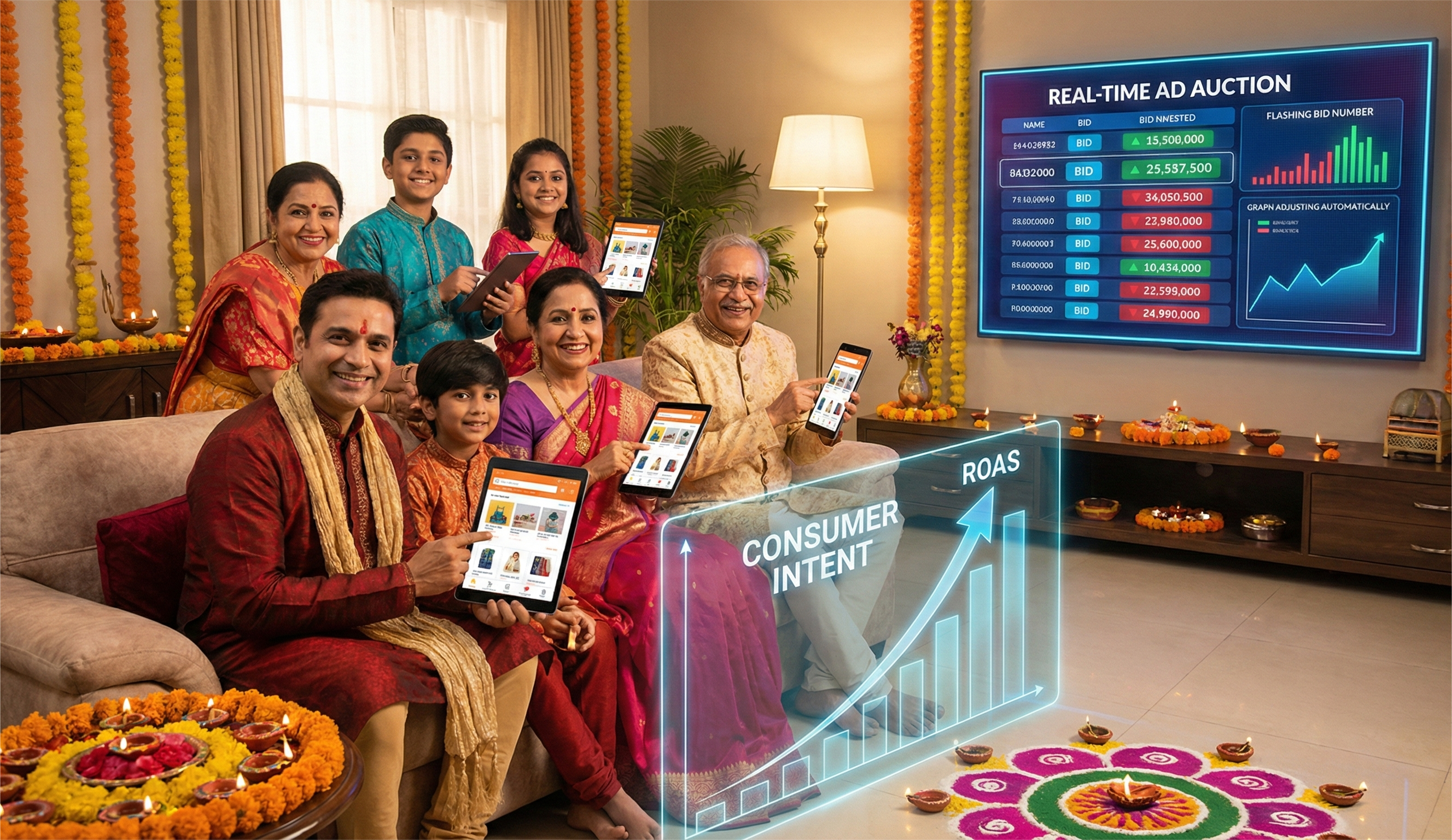 A wide-angle photograph of a multi-generational Indian family in traditional festive attire sitting on a couch, celebrating Diwali amidst decorations like marigold garlands and rangoli. They are all smiling while holding tablets displaying e-commerce apps. In the foreground, a glowing holographic graph shows a sharp upward spike labeled "CONSUMER INTENT" and "ROAS." In the background, a large television screen displays a complex "REAL-TIME AD AUCTION" interface with fluctuating data and graphs.