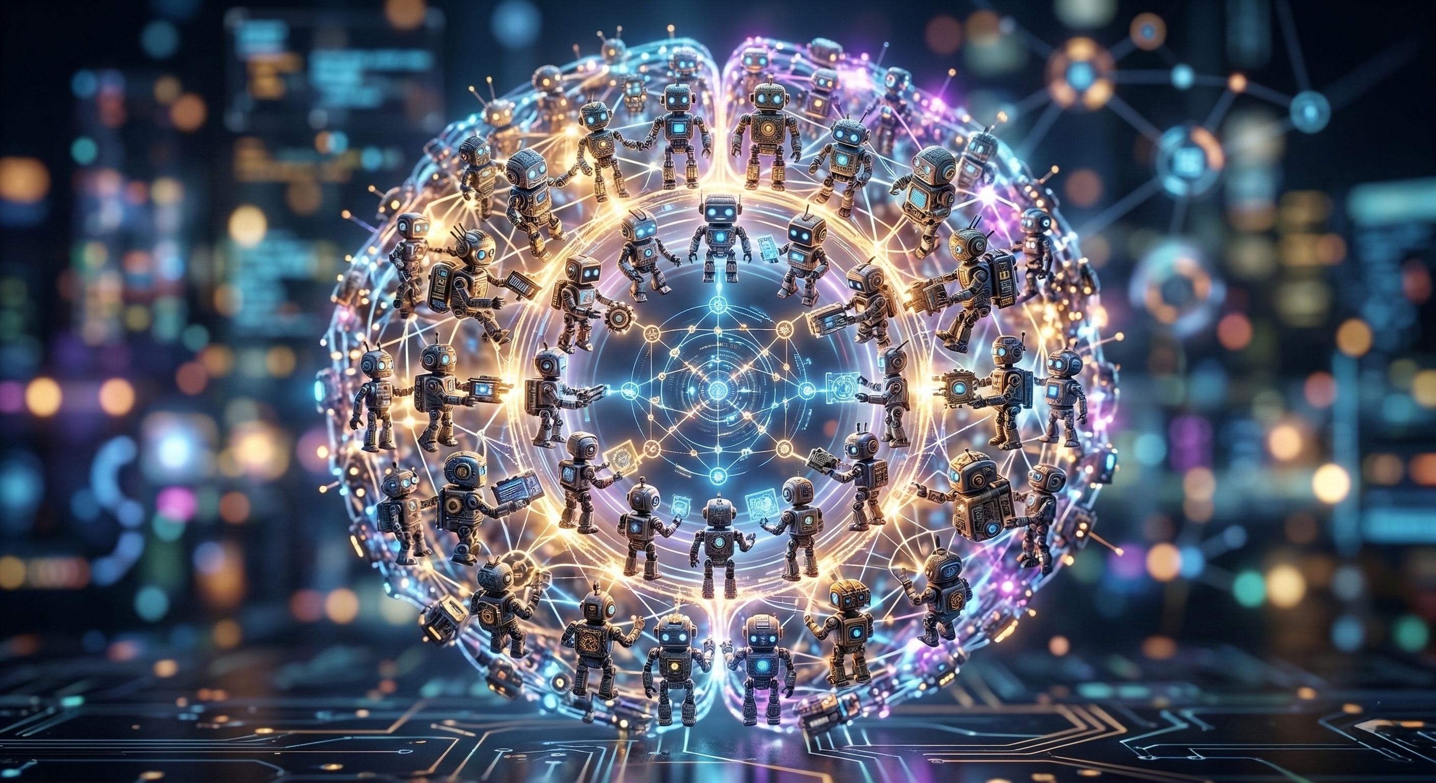 A detailed 3D illustration of a glowing, spherical "brain" structure composed of dozens of small, intricate humanoid robots. The robots are arranged in concentric circles, holding hands and connected by golden and blue lines of light, symbolizing a unified neural network. The central core radiates with complex geometric data patterns. The background is a dark, tech-focused environment with soft blue and orange bokeh lights, creating a sense of deep intelligence and collaborative processing.