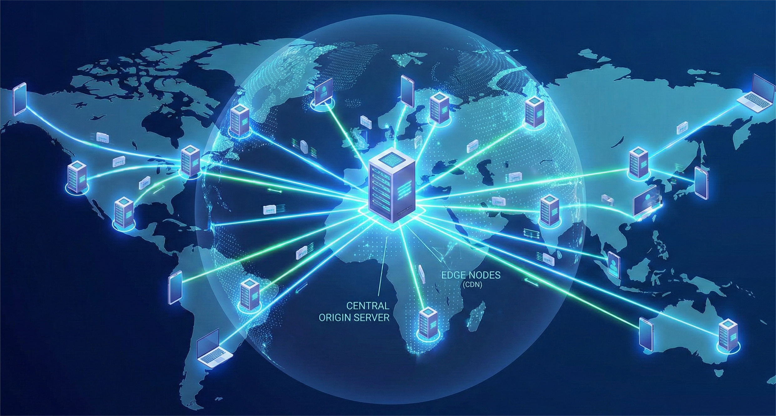 A futuristic 3D isometric illustration on a dark blue background, showing a global Content Delivery Network (CDN). A large, central server rack labeled "CENTRAL ORIGIN SERVER" is positioned over a glowing globe. Numerous blue and green lines radiate from it, connecting to smaller server racks labeled "EDGE NODES (CDN)" scattered across different continents. From these edge nodes, more lines extend to various end-user devices like laptops and smartphones, indicating a worldwide data distribution network.