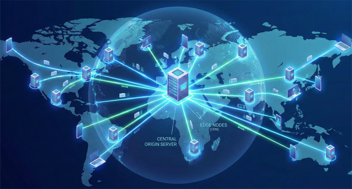 A futuristic 3D isometric illustration on a dark blue background, showing a global Content Delivery Network (CDN). A large, central server rack labeled "CENTRAL ORIGIN SERVER" is positioned over a glowing globe. Numerous blue and green lines radiate from it, connecting to smaller server racks labeled "EDGE NODES (CDN)" scattered across different continents. From these edge nodes, more lines extend to various end-user devices like laptops and smartphones, indicating a worldwide data distribution network.