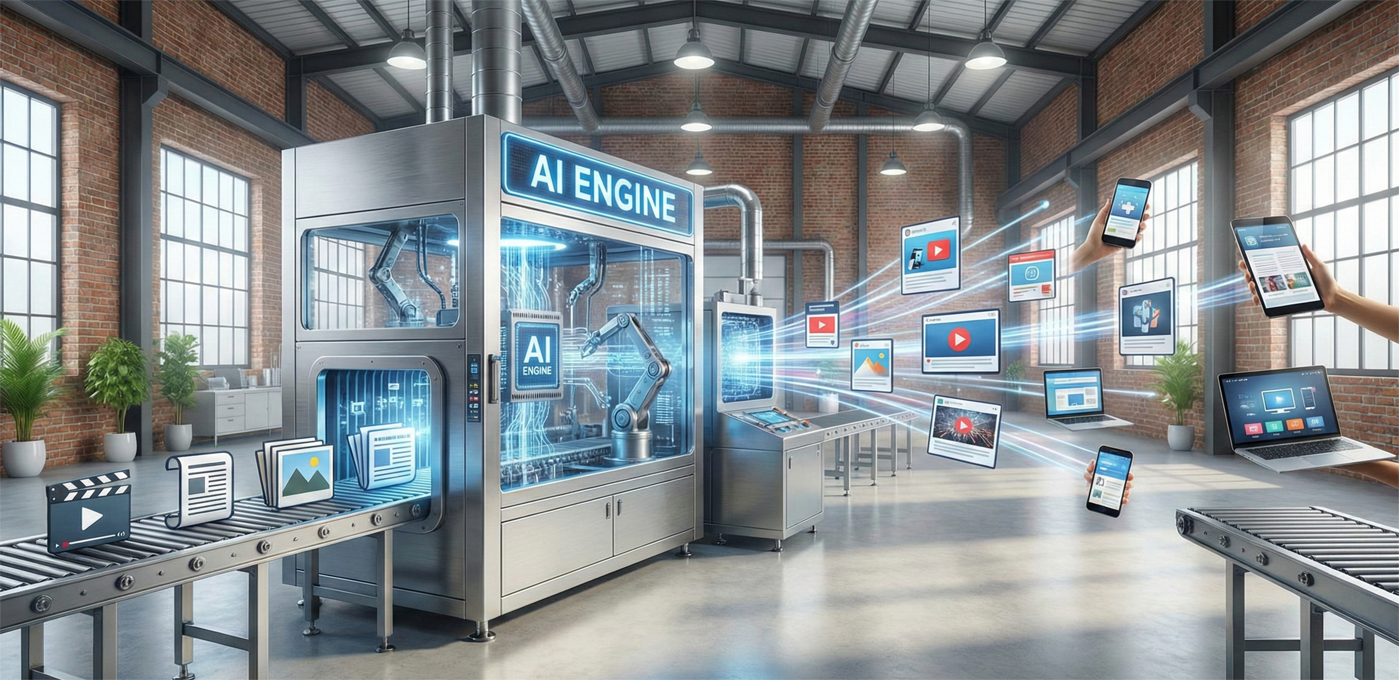 A wide-angle view of a bright, industrial-chic digital factory. On the left, a conveyor belt feeds raw content icons, including a video clapperboard, a news document, and an image file, into a large, stainless steel machine labeled "AI ENGINE" with visible robotic arms inside. From the right side of the machine, processed, tailored digital advertisement icons fly along blue light trails toward various smartphones, tablets, and laptops held by hands.