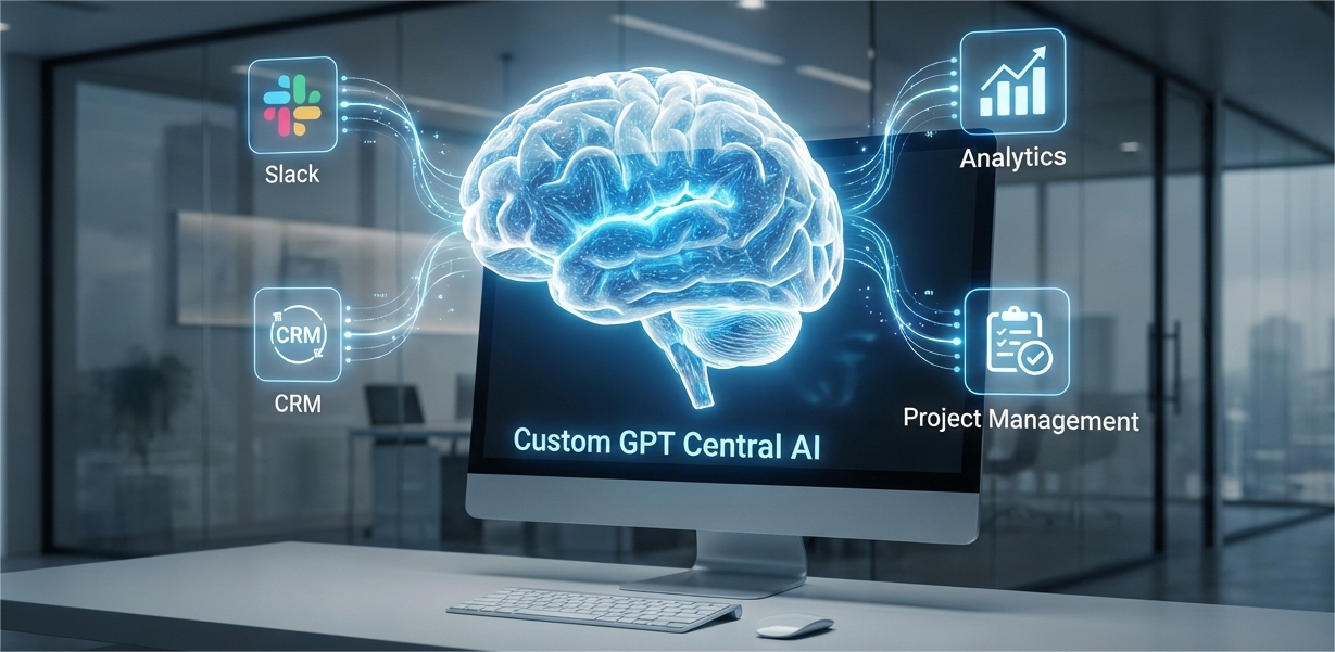 A digital illustration showing a glowing, holographic human brain floating in front of a sleek computer monitor in a modern office setting. The monitor displays the text "Custom GPT Central AI." Four glowing blue icons branch out from the brain like neural connections, labeled: "Slack," "CRM," "Analytics," and "Project Management."