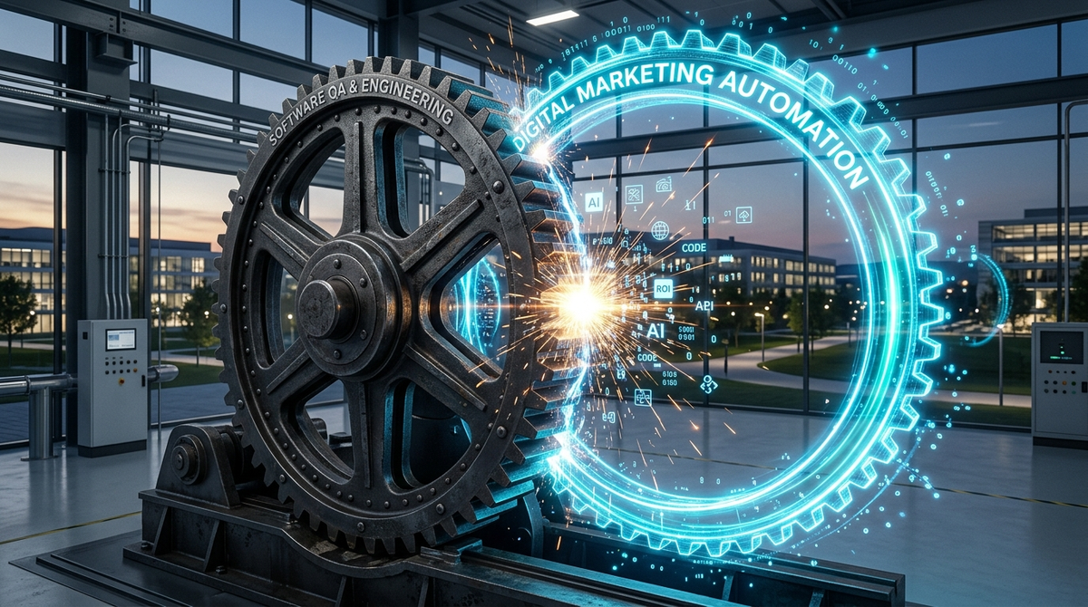 Mechanical gear interlocking perfectly with a glowing digital marketing ring