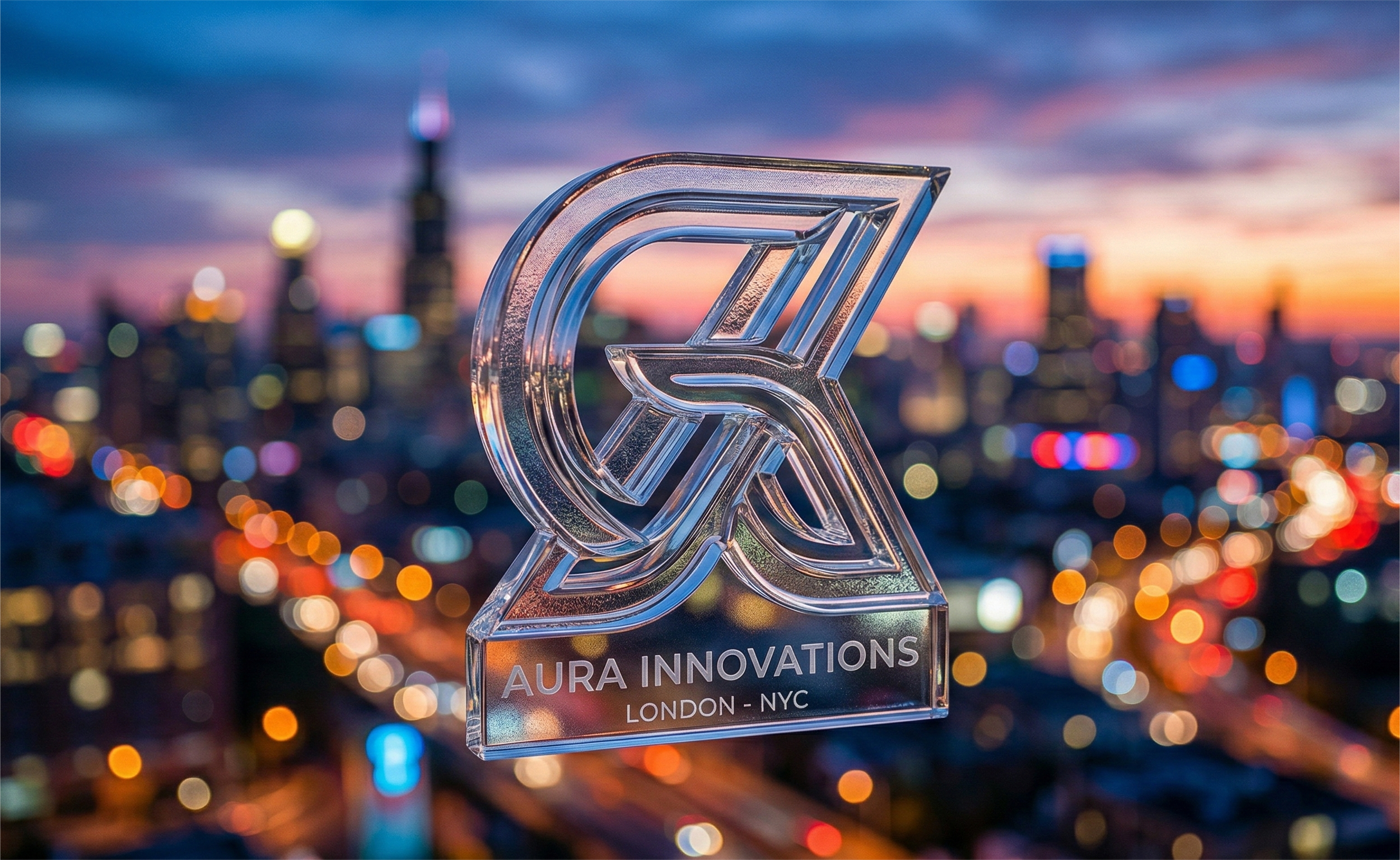 A 3D glass-textured logo for "AURA INNOVATIONS" hovering in the foreground. The logo is highly detailed with realistic refractions and sharp edges. The background is a vibrant, out-of-focus city skyline at dusk with warm orange and cool blue bokeh lights.