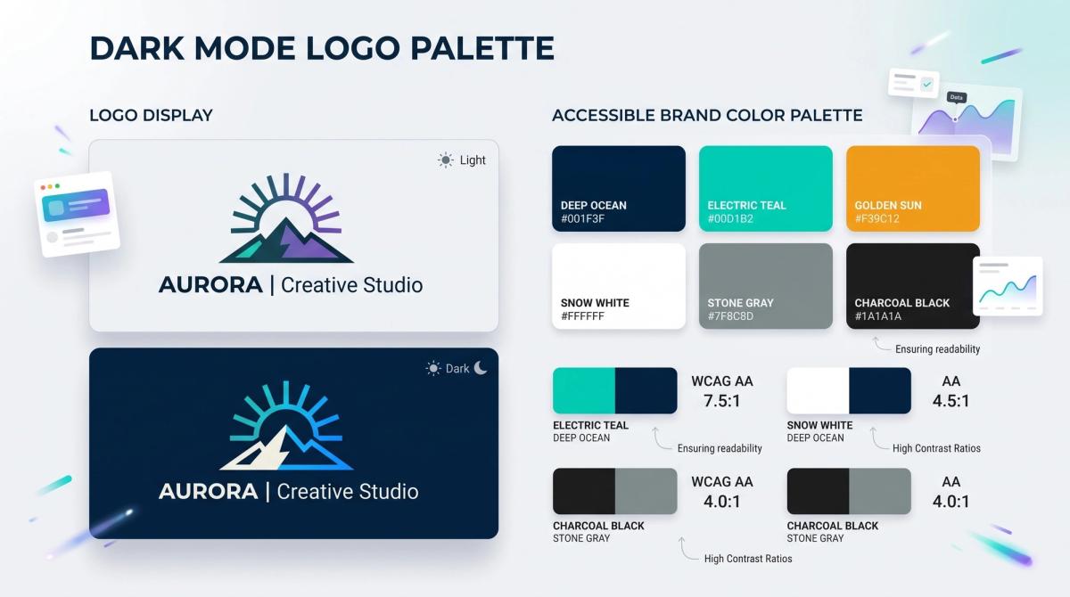 Logo displayed on light and dark backgrounds with an accessible brand color palette