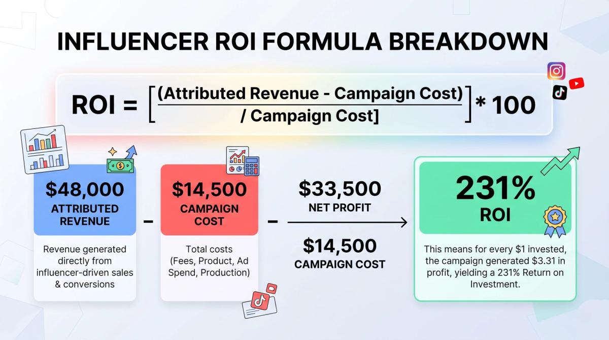 Diagram showing influencer ROI formula with $48,000 attributed revenue minus $14,500 cost equaling 231% ROI.