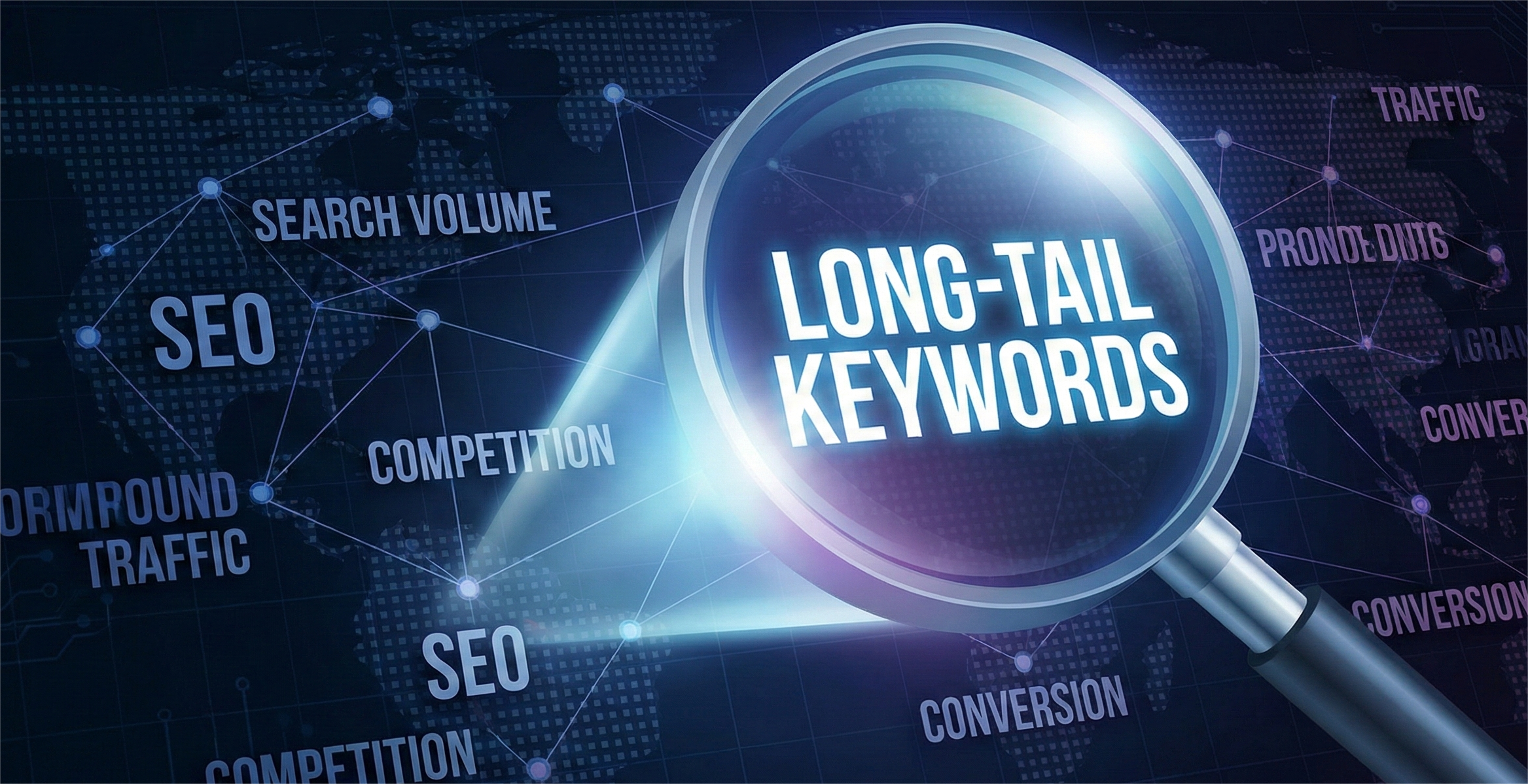 A professional data visualization showing a large magnifying glass with a bright, glowing light that brings the text "LONG-TAIL KEYWORDS" into sharp focus. The background is a dark blue digital network map with other, less prominent SEO-related terms like "SEO," "SEARCH VOLUME," "COMPETITION," and "TRAFFIC" appearing in the shadows.