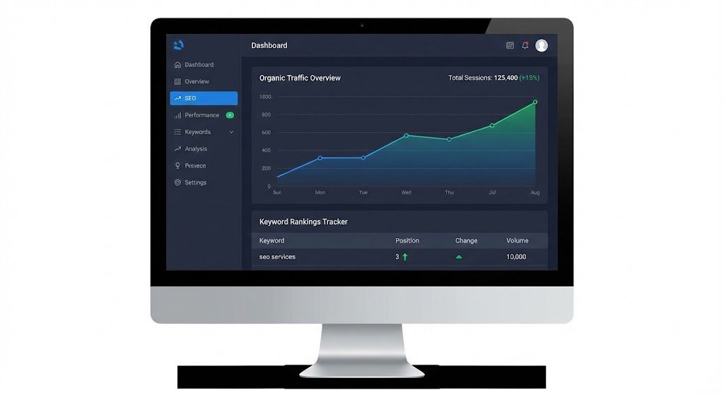 SEO performance dashboard showing organic traffic and rankings