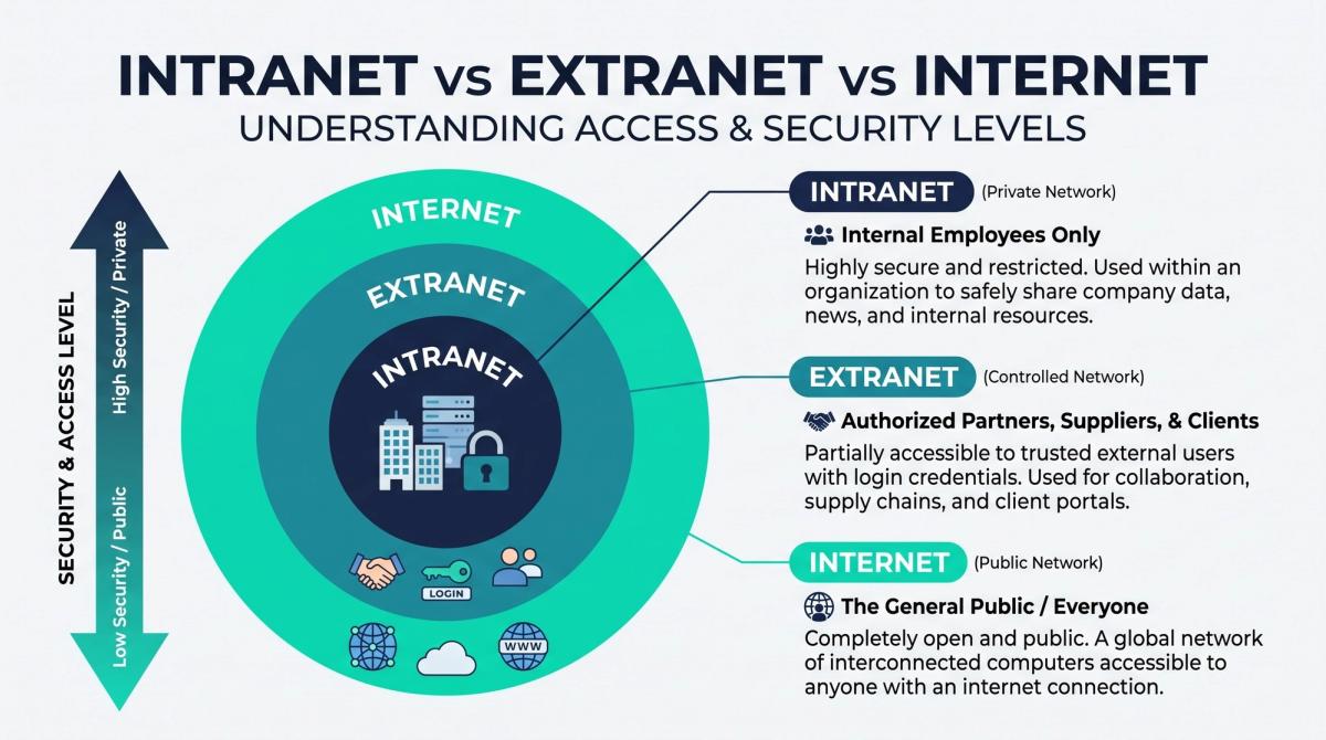 Diagram comparing intranet, extranet and internet access levels
