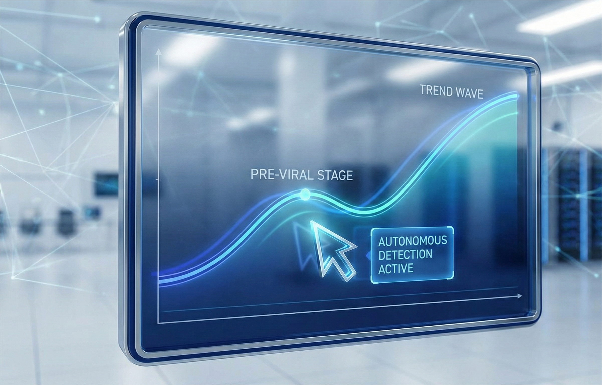 A futuristic, transparent screen displays a line graph showing a "TREND WAVE" with an upward curve. A cursor points to a data point labeled "PRE-VIRAL STAGE" on the rising line, accompanied by a text box that reads "AUTONOMOUS DETECTION ACTIVE." The screen is situated in a blurred data center environment with glowing network lines. The logo "NEURAL ANALYTICS" is visible in the bottom right corner.