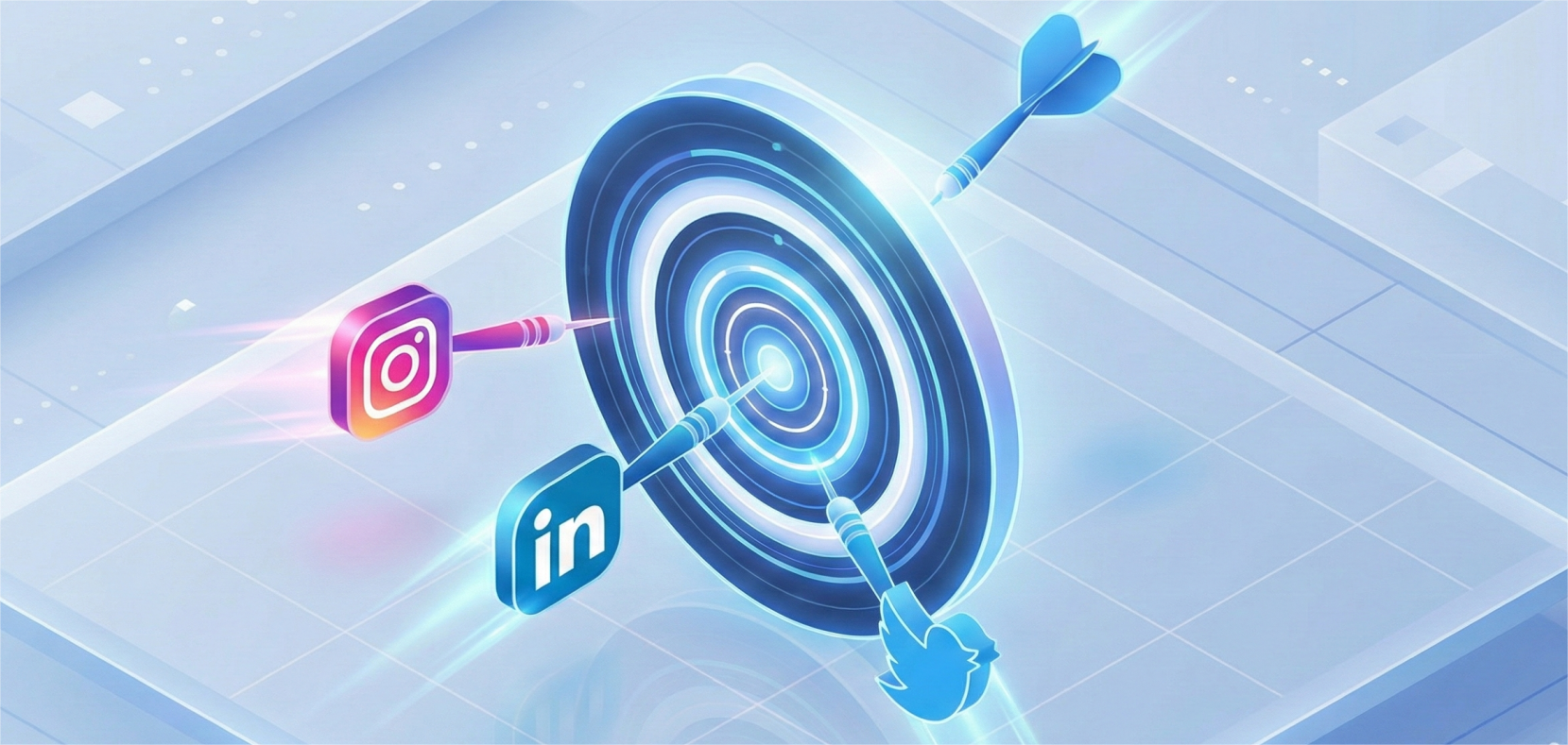 A 3D isometric illustration of a glowing blue digital dartboard. Social media icons for Instagram, LinkedIn, and Twitter are stylized as darts flying toward the center bullseye, symbolizing targeted digital marketing and goal setting in a clean, professional tech style.