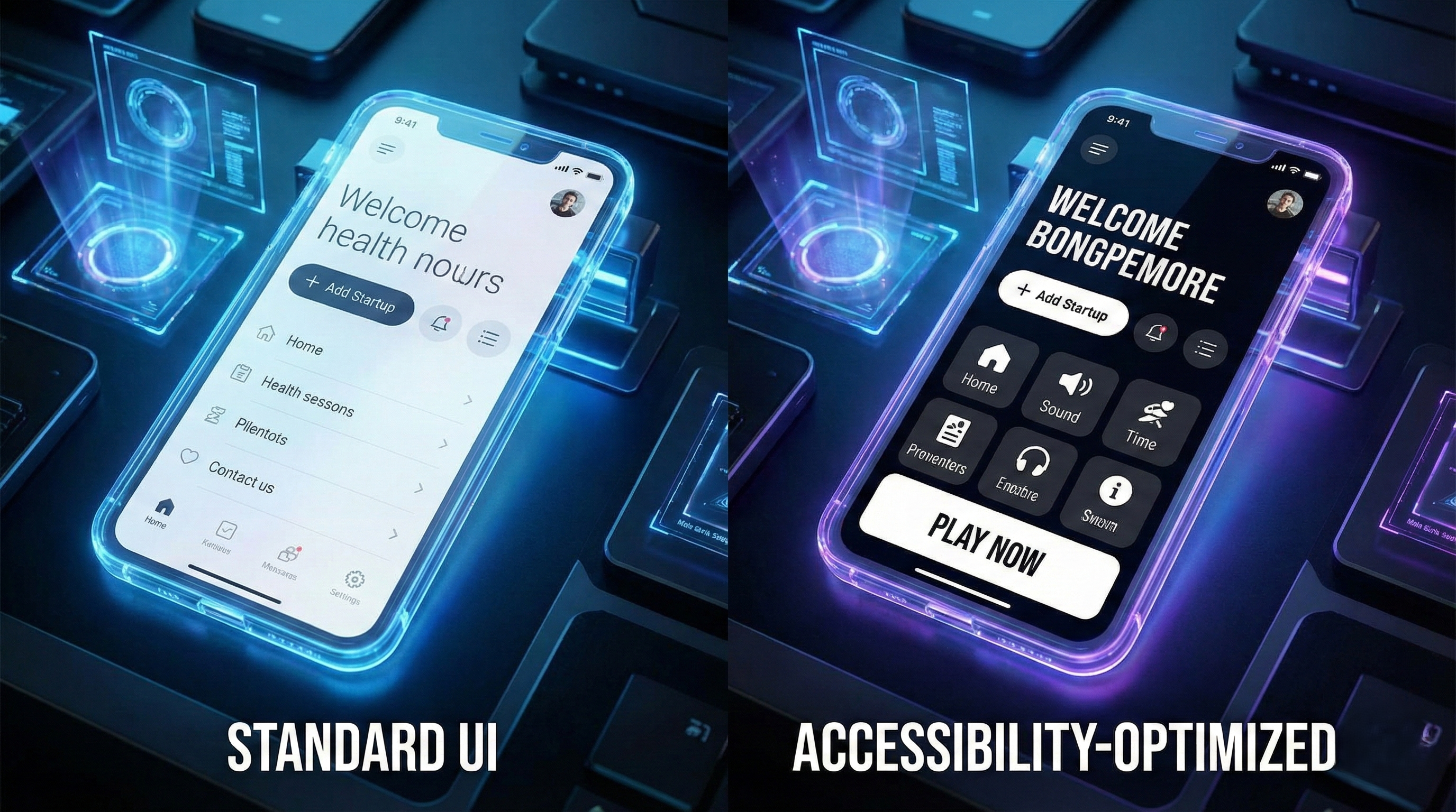A split-screen image comparing two futuristic smartphone interfaces. On the left, labeled "STANDARD UI," a phone displays a light-themed app with small text, thin icons, and standard-sized buttons. On the right, labeled "ACCESSIBILITY-OPTIMIZED UI," the same phone shows a high-contrast dark mode version of the app with large, bold white text, oversized icons, and prominent buttons like a large "PLAY NOW" button. Both phones are glowing blue and purple, resting on a high-tech keyboard with holographic displays in the background.