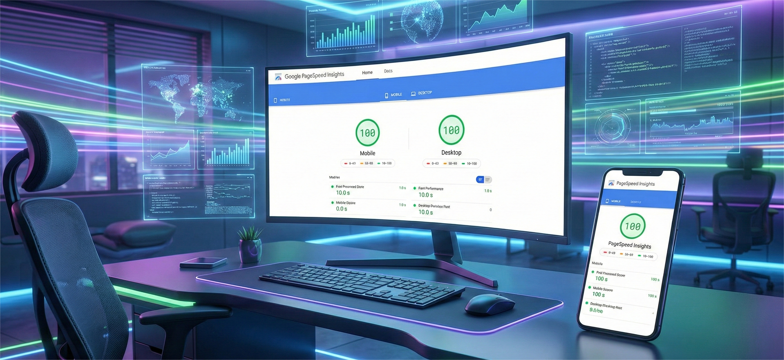 A futuristic office desk setup where both a large curved monitor and a smartphone display Google PageSpeed Insights reports, each clearly showing perfect scores of 100 for Mobile and Desktop performance. The room is illuminated by purple and blue neon lights, with holographic data visualizations and charts floating in the background.