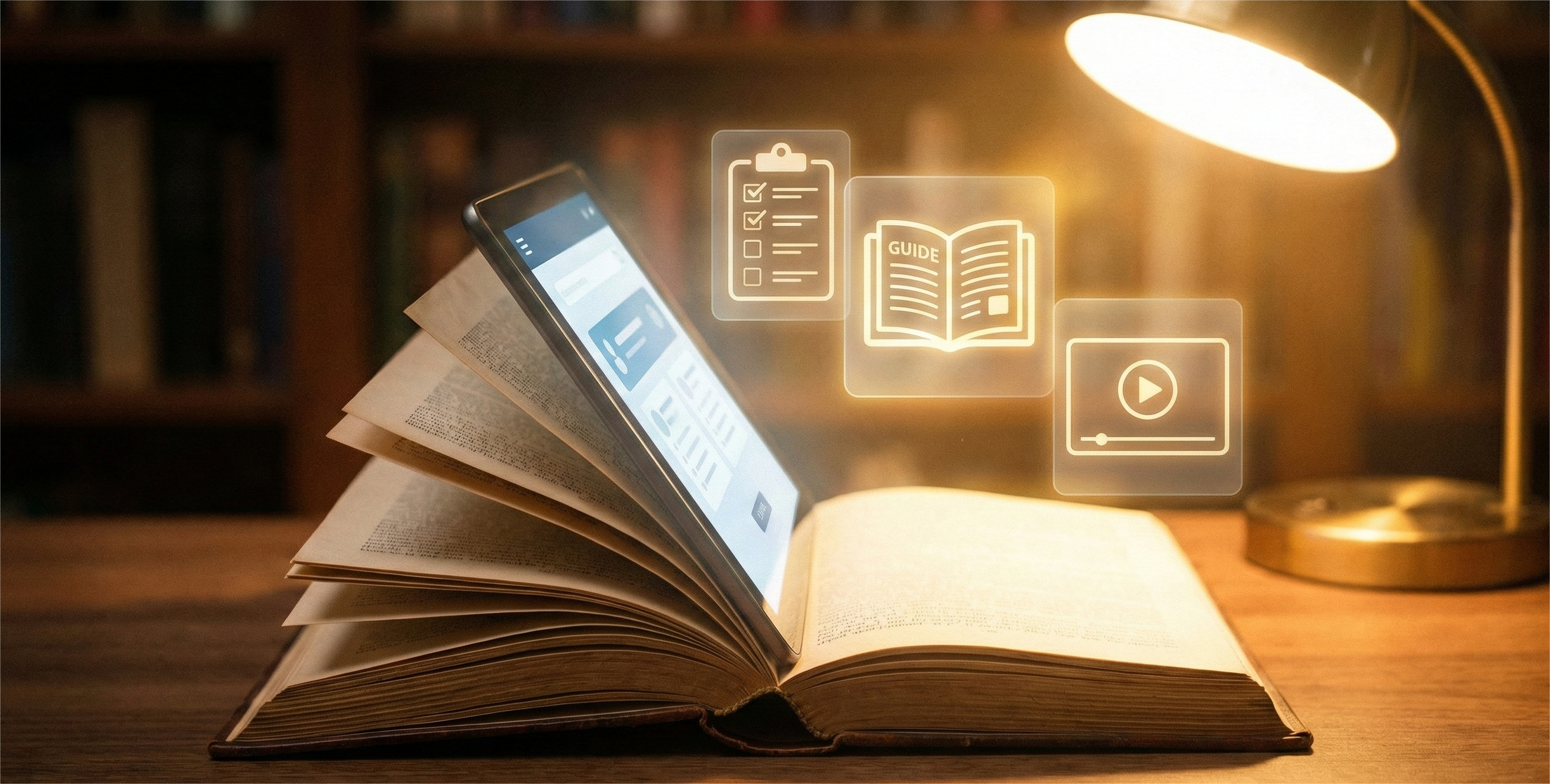 An open, vintage book with an illuminated tablet propped inside its pages on a wooden desk. Above the tablet, three glowing, holographic icons float: a checklist, an open guide book, and a video play button. A warm desk lamp illuminates the scene, with a library bookshelf in the blurred background.