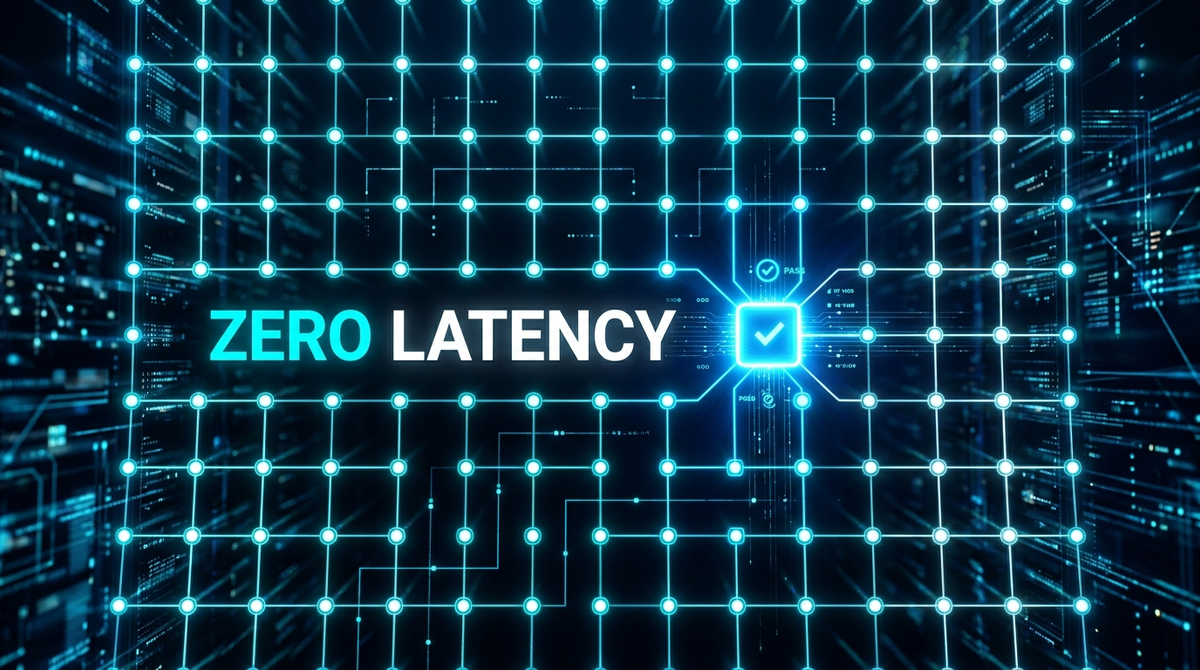 Glowing node network showing test success, text 'ZERO LATENCY'
