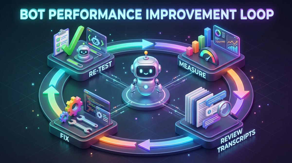 Circular diagram of the measure, review transcripts, fix and re-test improvement loop for bots