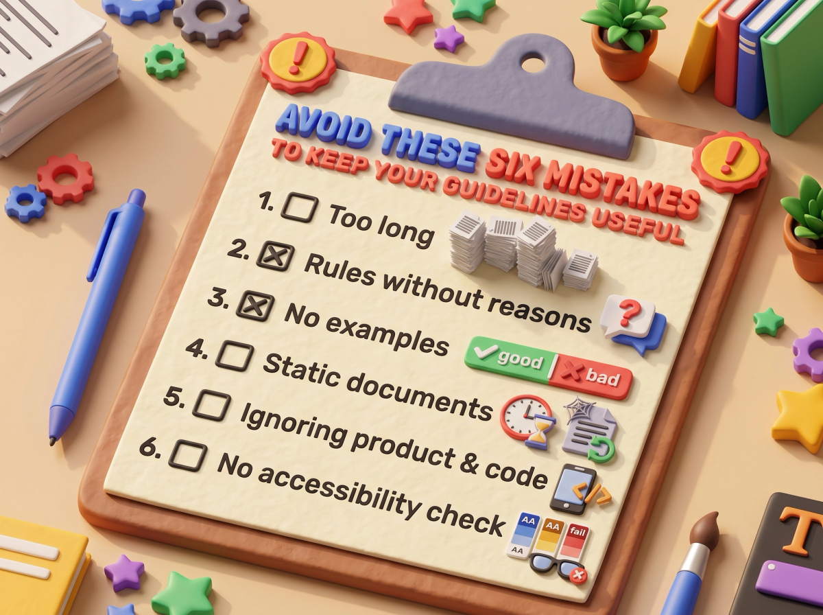 Checklist of common brand guideline mistakes such as too long, no examples and no owner
