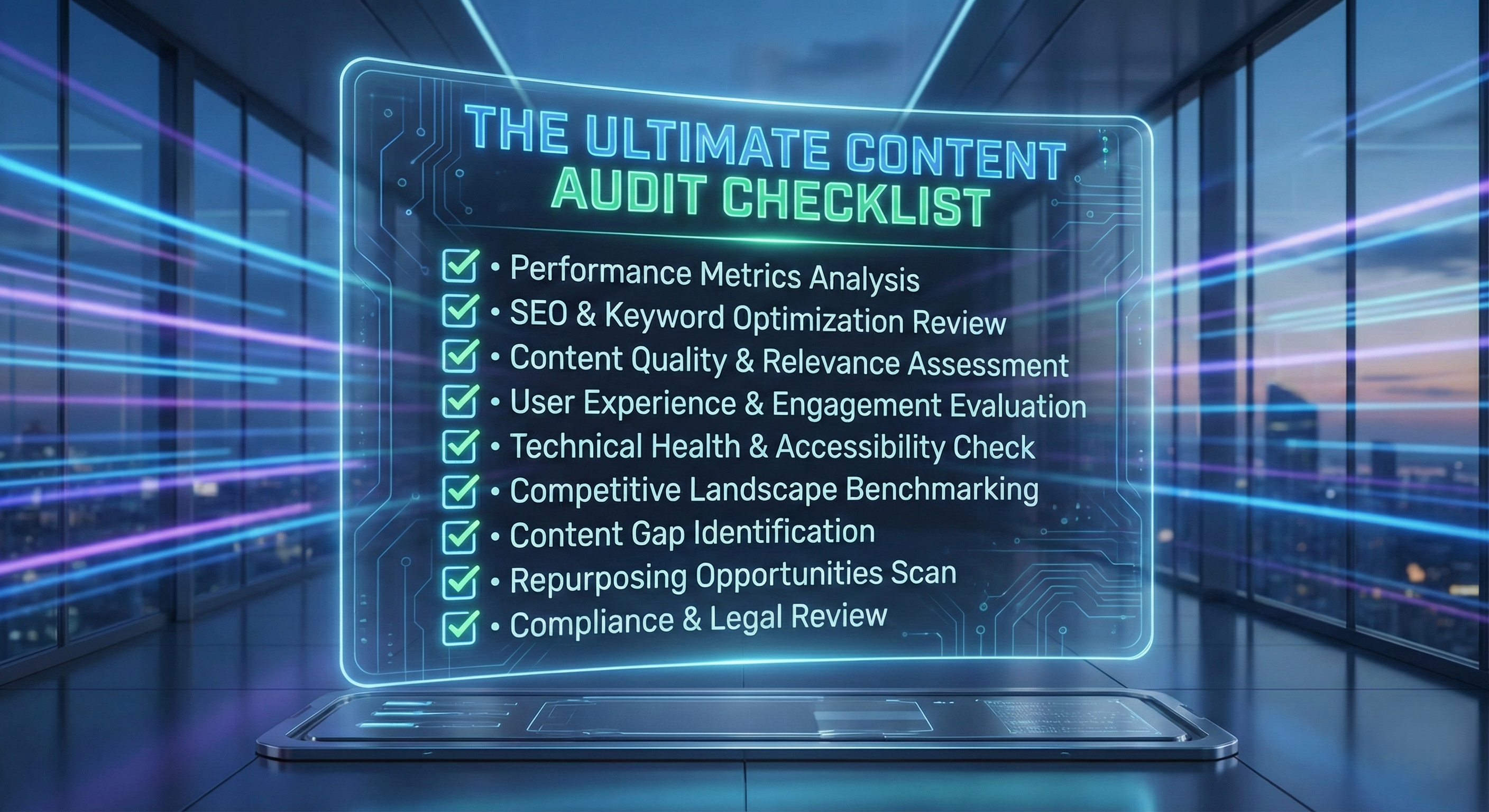 A futuristic, glowing blue holographic display in a modern office setting with a city skyline view shows a checklist titled "THE ULTIMATE CONTENT AUDIT CHECKLIST." The list includes checked items: Performance Metrics Analysis, SEO & Keyword Optimization Review, Content Quality & Relevance Assessment, User Experience & Engagement Evaluation, Technical Health & Accessibility Check, Competitive Landscape Benchmarking, Content Gap Identification, Repurposing Opportunities Scan, and Compliance & Legal Review. The display has a circuit board pattern and is positioned on a futuristic stand with light trails.