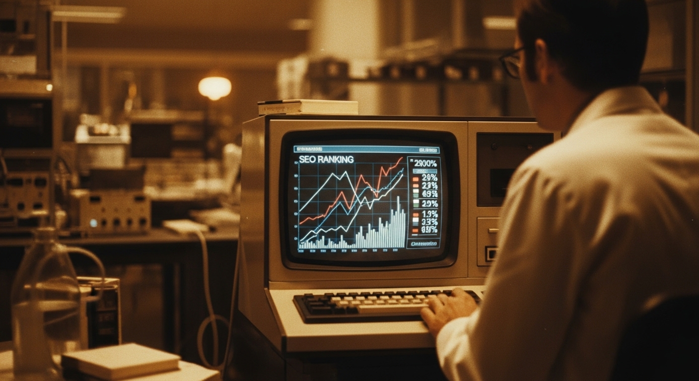 Vintage lab aesthetic showing a modern technical SEO audit dashboard on a retro monitor.