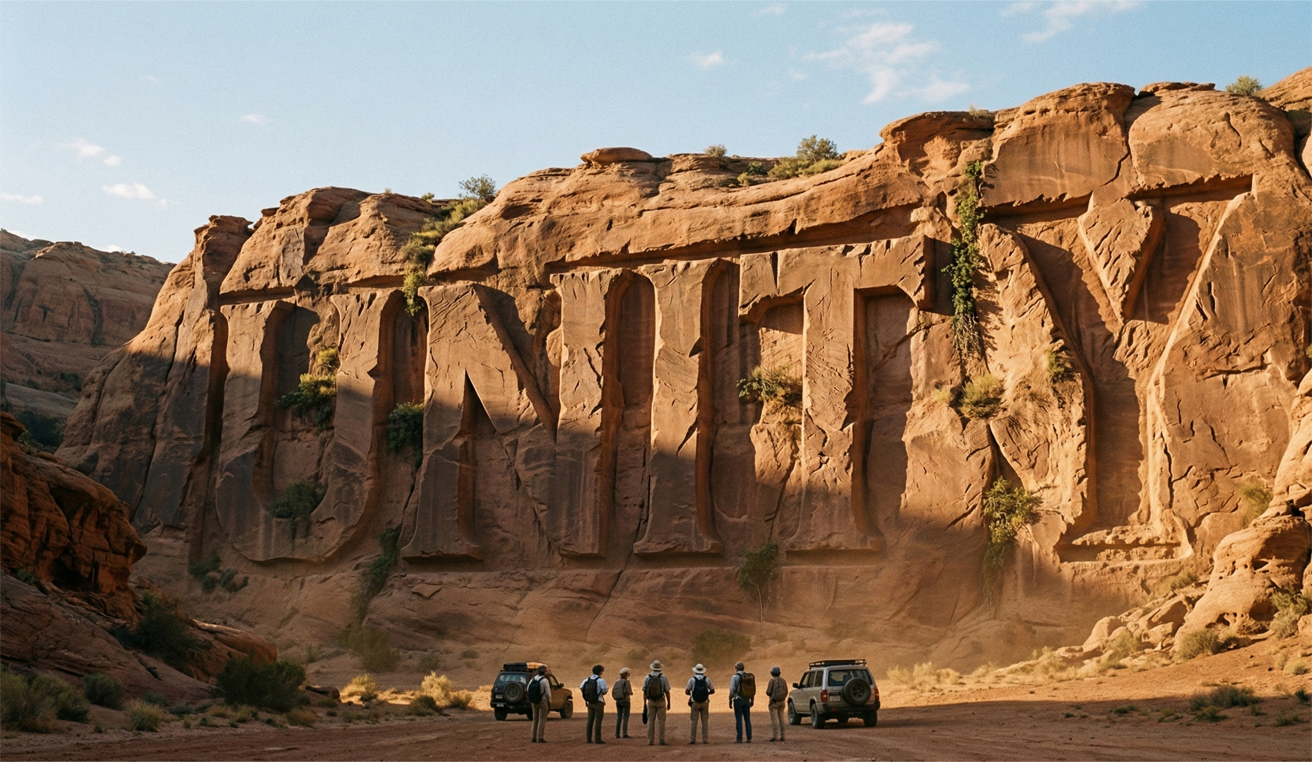 A wide-angle landscape shot of a massive desert rock formation. Carved deeply into the sun-drenched, orange sandstone cliff is the word "UNITY" in a bold, capitalized serif font. In the foreground, a group of seven people in adventure gear stands next to two off-road vehicles, looking up at the monumental carving. The scene is illuminated by the warm, golden light of a late afternoon sun, casting long shadows across the canyon floor.