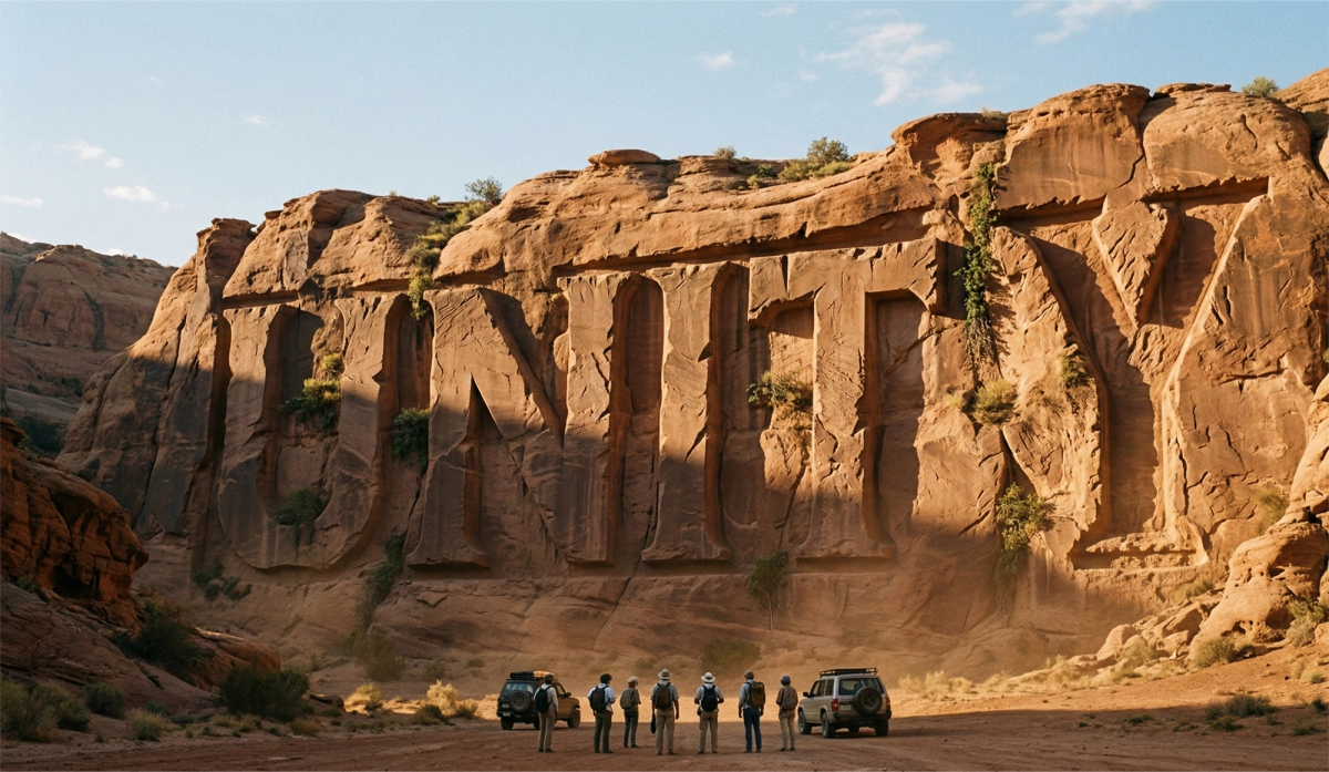 A wide-angle landscape shot of a massive desert rock formation. Carved deeply into the sun-drenched, orange sandstone cliff is the word "UNITY" in a bold, capitalized serif font. In the foreground, a group of seven people in adventure gear stands next to two off-road vehicles, looking up at the monumental carving. The scene is illuminated by the warm, golden light of a late afternoon sun, casting long shadows across the canyon floor.