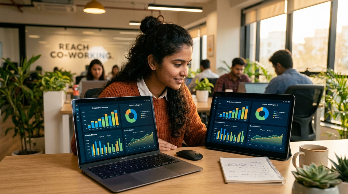 Student analyzing sales forecast charts on laptop