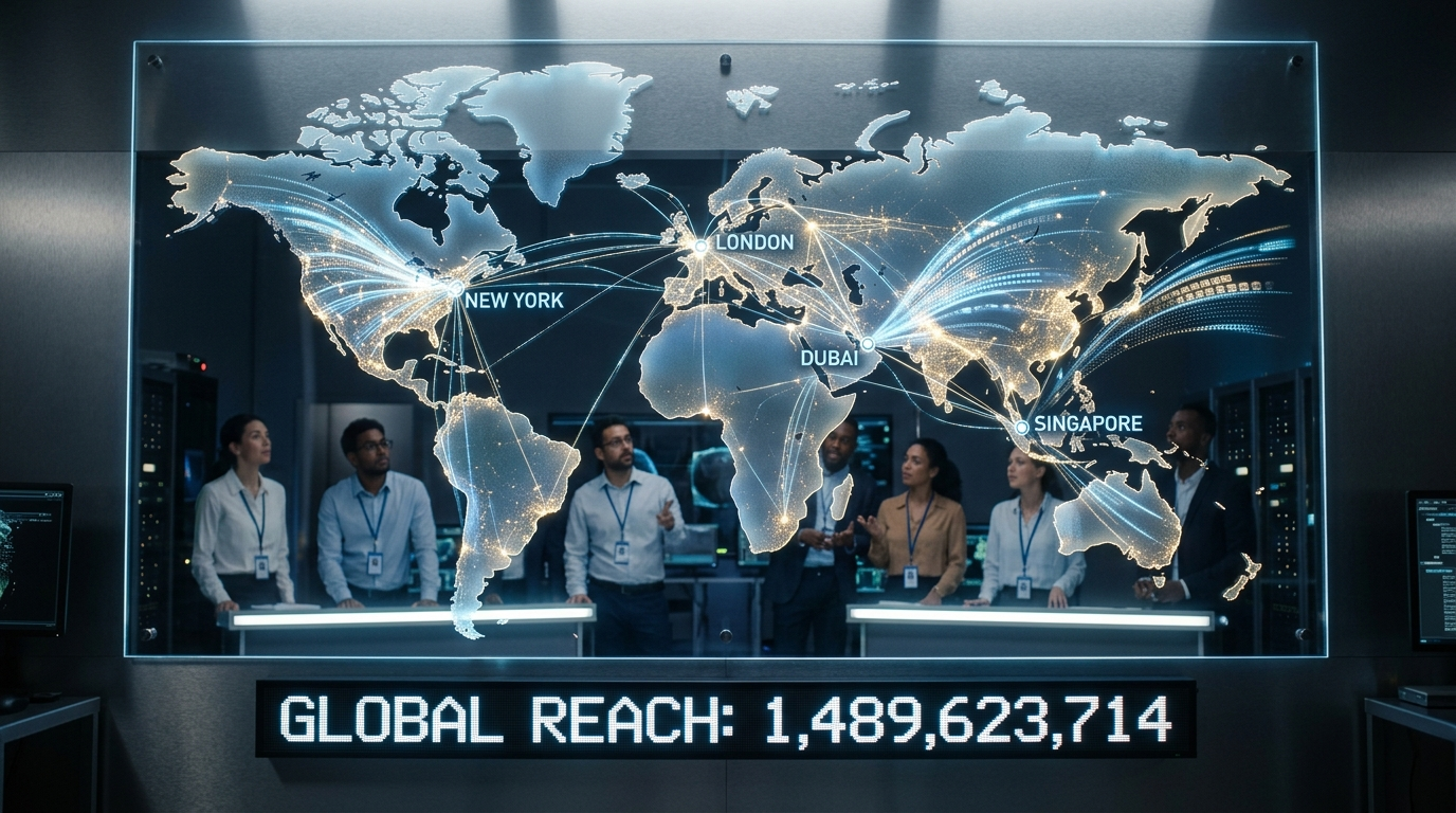 Glowing digital world map highlighting international data connectivity and ad scaling.