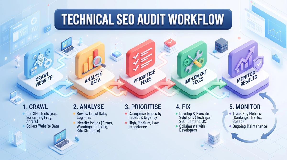 Flowchart of a technical SEO audit workflow from crawl to fixes and monitoring