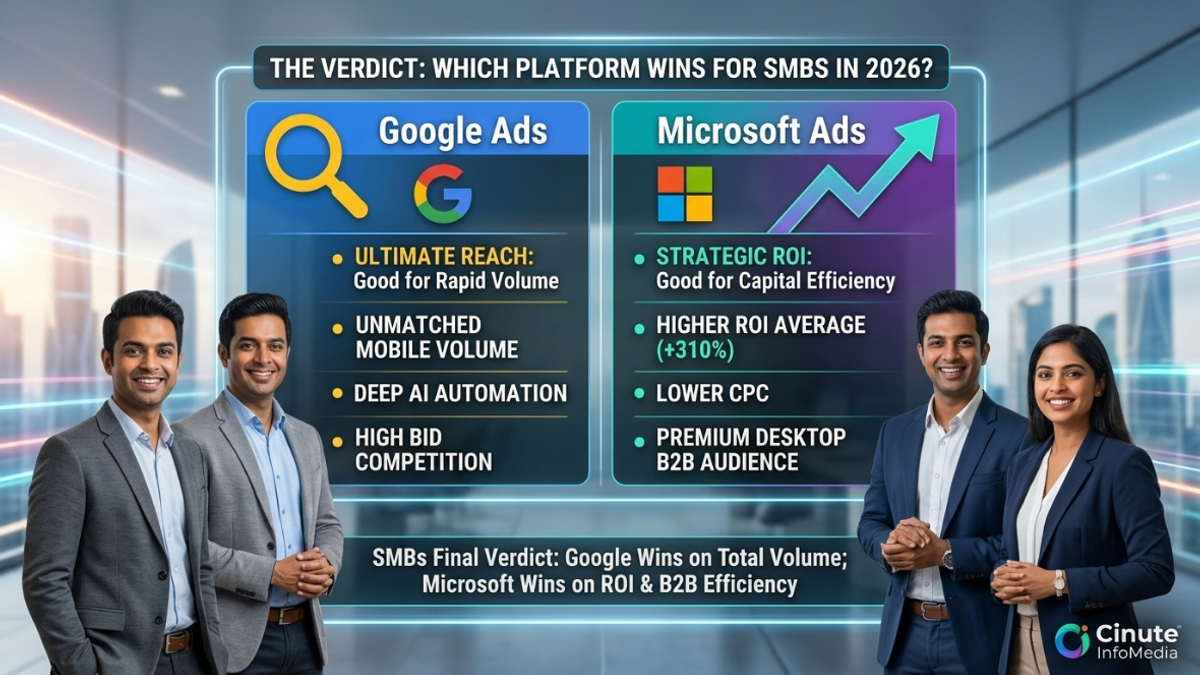 An SEO comparison infographic titled 'THE VERDICT: WHICH PLATFORM WINS FOR SMBS IN 2026?' by Cinute InfoMedia. The modern, data-driven graphic splits vertically to compare Google Ads and Microsoft Ads. The Google side highlights 'ULTIMATE REACH' and 'UNMATCHED MOBILE VOLUME'. The Microsoft side emphasizes 'STRATEGIC ROI' (+310% Avg ROI from previous studies), 'LOWER CPC', and 'PREMIUM DESKTOP B2B AUDIENCE'. Four diverse professional SMB owners in India look at the data in the foreground, with blurred futuristic Mumbai skyline details in the background. The final verdict at the bottom states that Google wins on volume, while Microsoft wins on ROI.