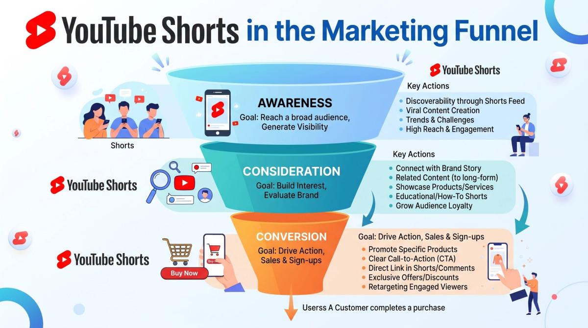 Marketing funnel diagram showing YouTube Shorts at awareness, consideration, and conversion stages